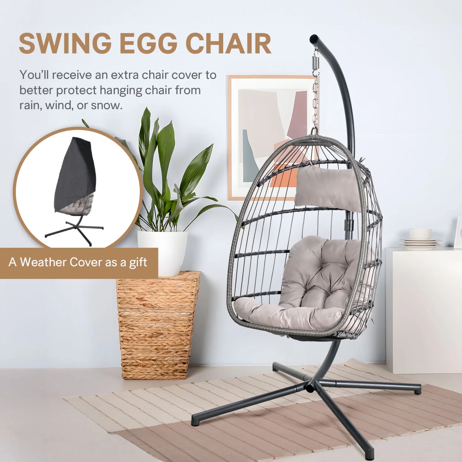 Foldable Hanging Wicker Egg Swing Chair and Weather Cover, Outdoor Patio Hanging Chairs with Stand, Wicker Rattan Basket with Cushion for Bedroom, Patio, Porch,Light Grey
