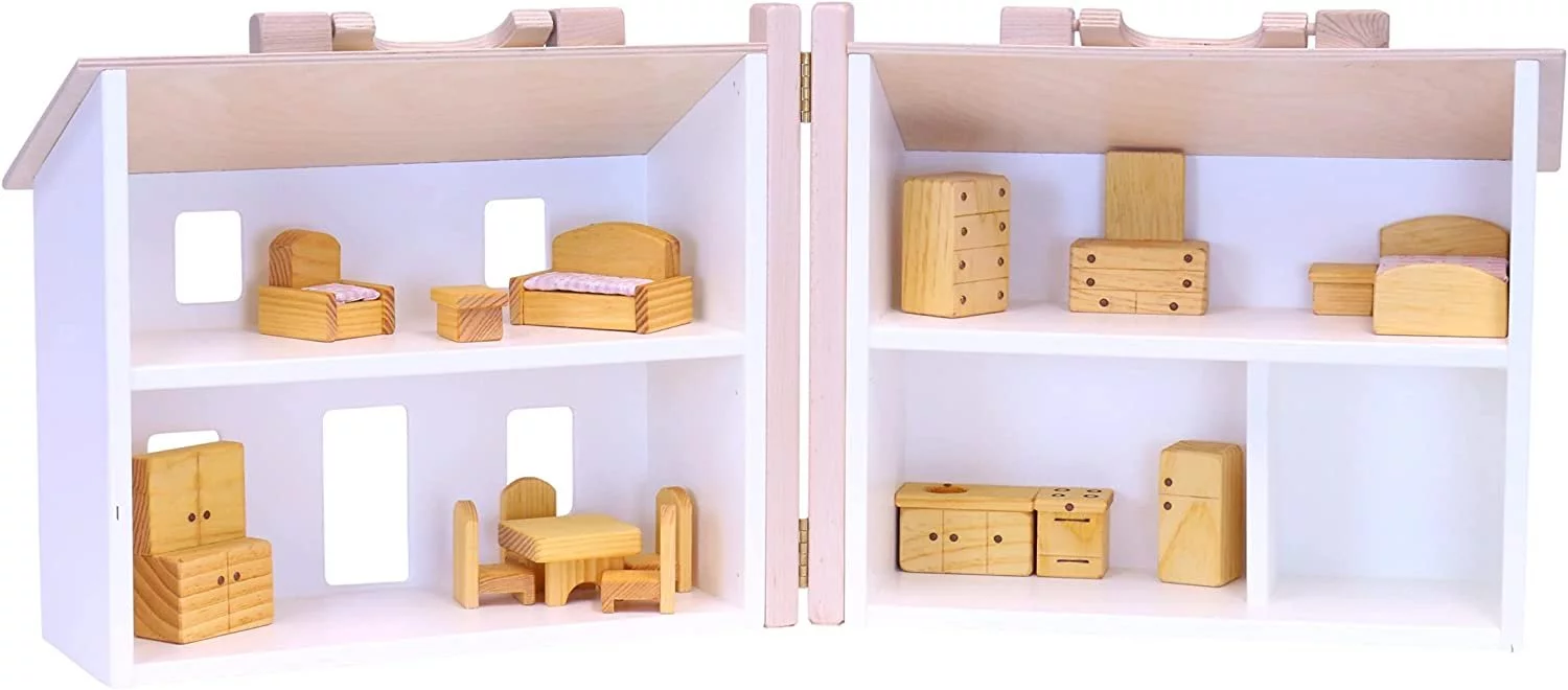 AmishToyBox.com Wooden Doll House Toy with 16 Piece Doll-House Furniture Set - Easy Access with Opening Design White and Natural