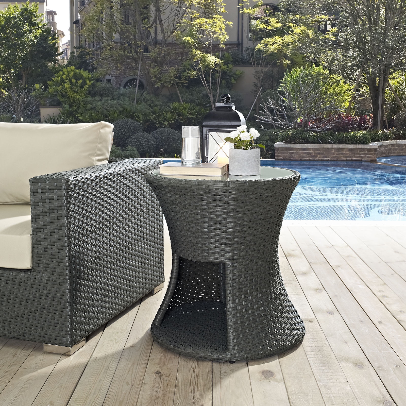 Lounge Coffee Side Table, Drak Gray Grey, Rattan, Wicker, Round, Outdoor Patio Balcony Cafe Bistro Garden Hospitality Restaurant, Modern Contemporary HB32796
