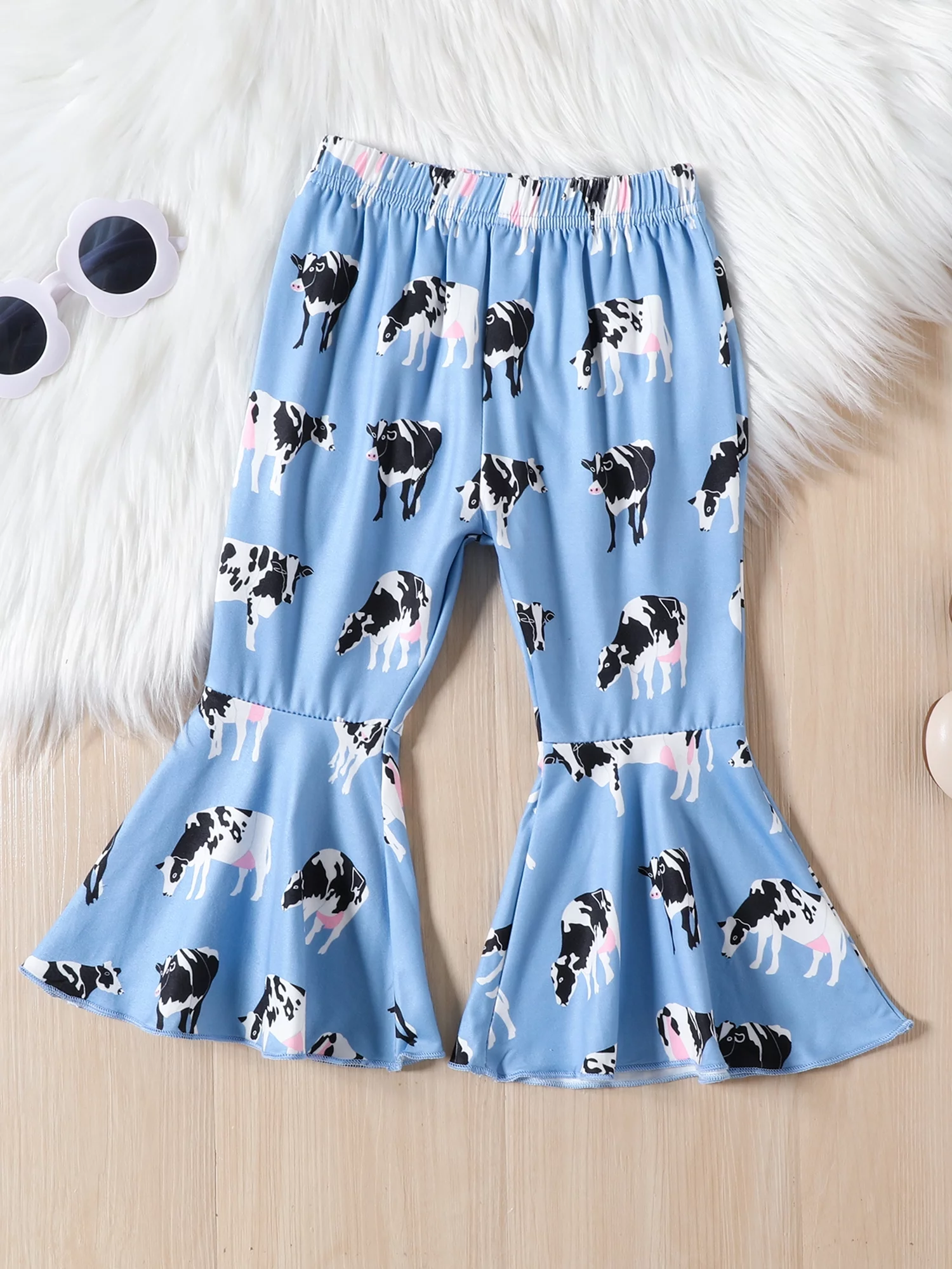 Western Girls Pants Set Ruffles Trim Flying Sleeve Shirt and Cow Print Flared Pants Headband Kids Casual Fall 3Pcs Outfits