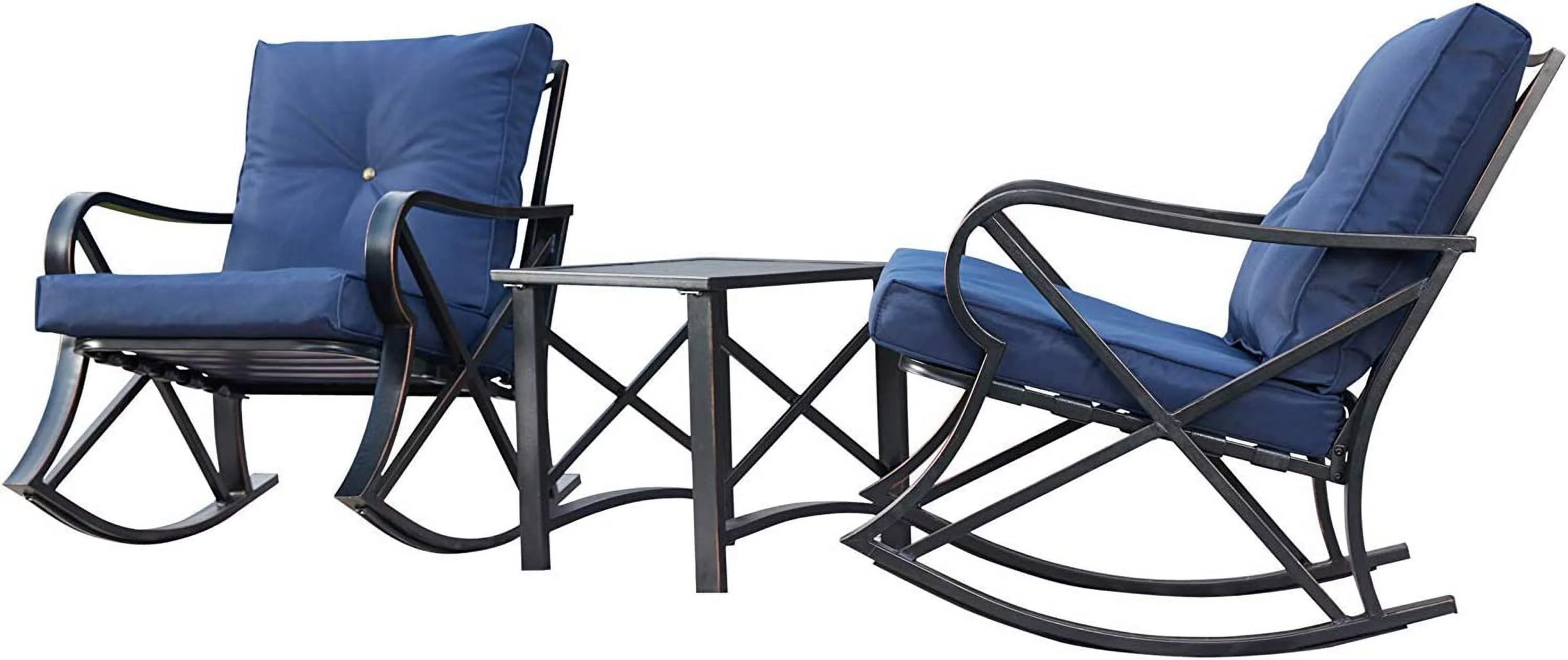 Outdoor Patio Rocking Steel Furniture Bistro Set with 2 Rocker  1 Metal Square Coffee Table(Blue Thickened Cushion)