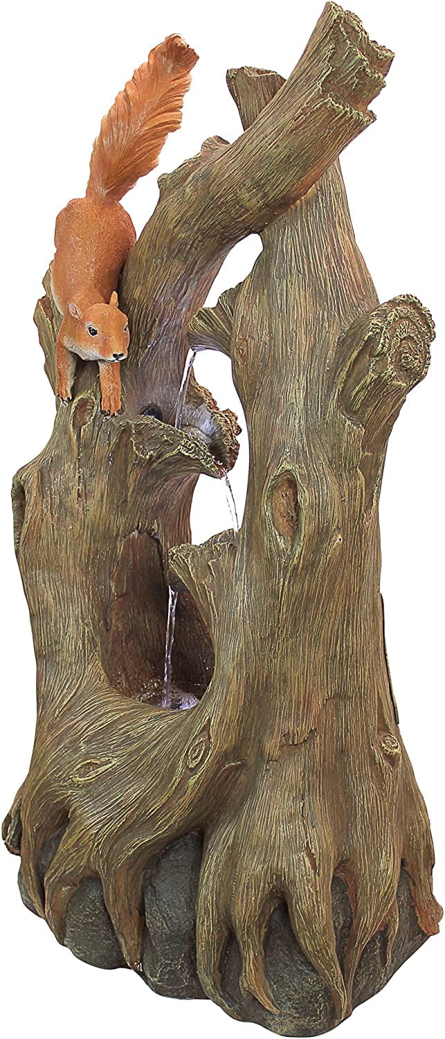 Water Fountain with LED Light - Nearly 3 Foot Tall Tree Squirrel Garden Decor Fountain - Outdoor Water Feature
