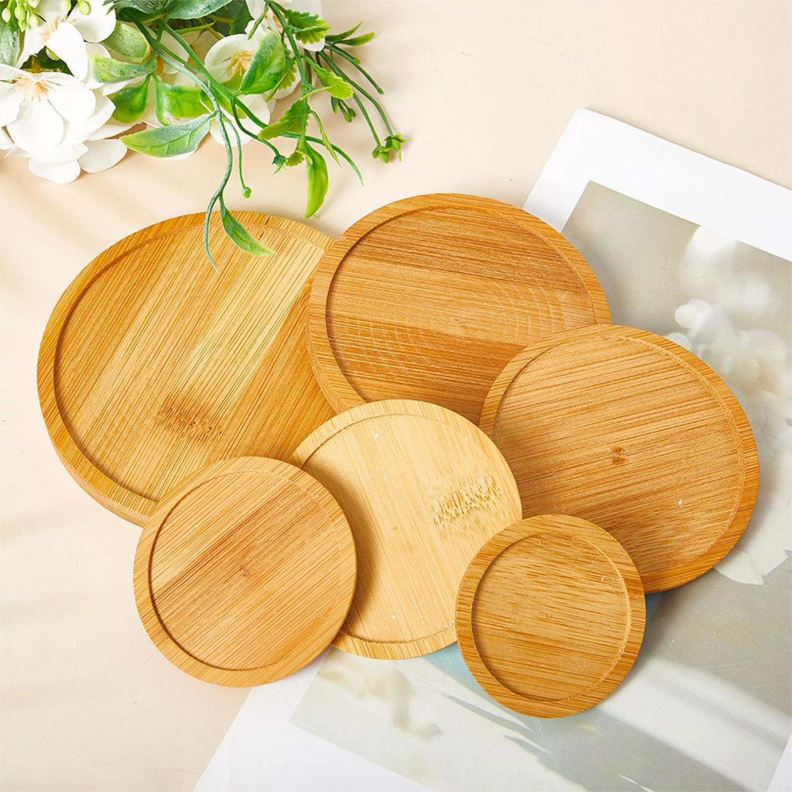 1Pc Bamboo Tray Bonsai Holder Round Plant Stand for Succulent Pot Wood Flower Pot Holder Garden Tools