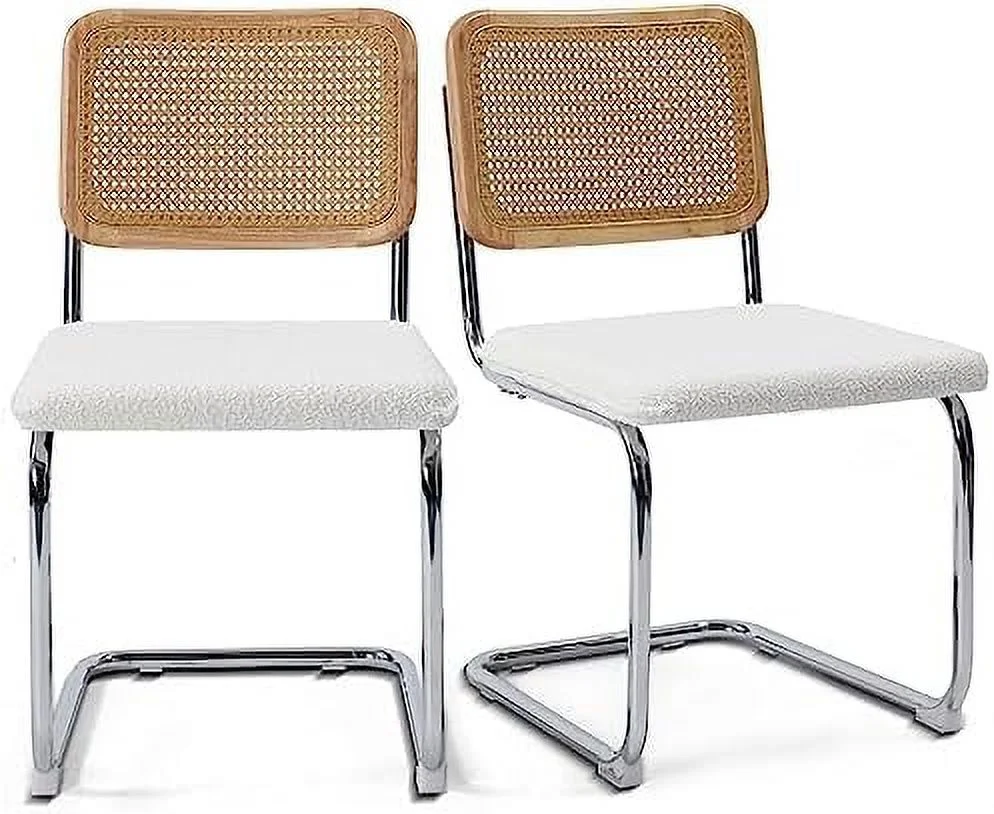 SJOINGB Modern Cesca Cane Dining Chairs    Handwoven Rattan Cane Back  Chrome Base  Upholstered Velvet Seat  Ideal for Kitchen or Dining Room  White