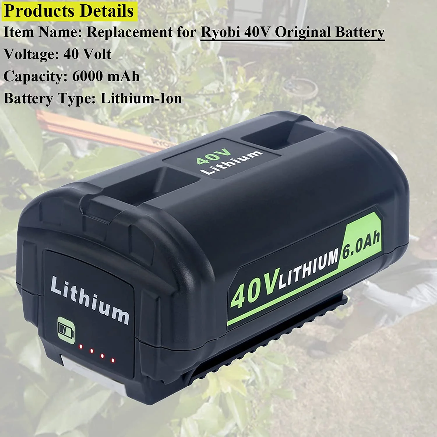 Replacement for Ryobi 40V 6.0Ah Battery, Compatible with Ryobi 40-Volt Collection Cordless Power Tools RY405010 RY40890VNM OP4040 OP4050A OP40601 OP40201 OP4026 OP4030 OP4060 Lithium Battery