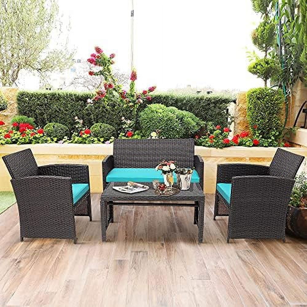 CGFHYP 4 Pieces Rattan  Set  Outdoor Wicker Set w/Chairs  Loveseat  Conversation Rattan Upholstered Armchairs w/High Resilience Sponge  Perfect forPoolside  Turquoise