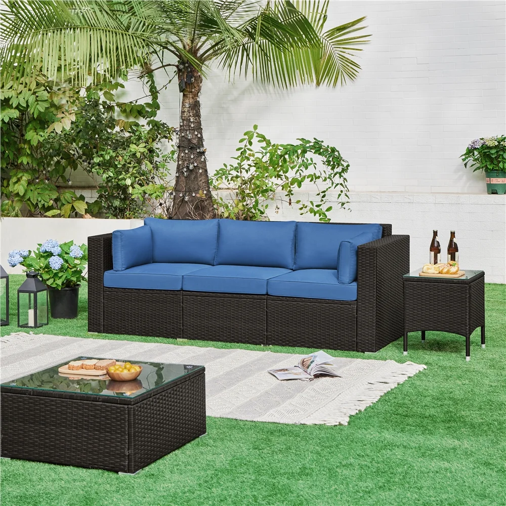 Alden Design 3-Seater Patio Resin Wicker Sofa with Throw Pillows for Yard, Brown/Dark Blue