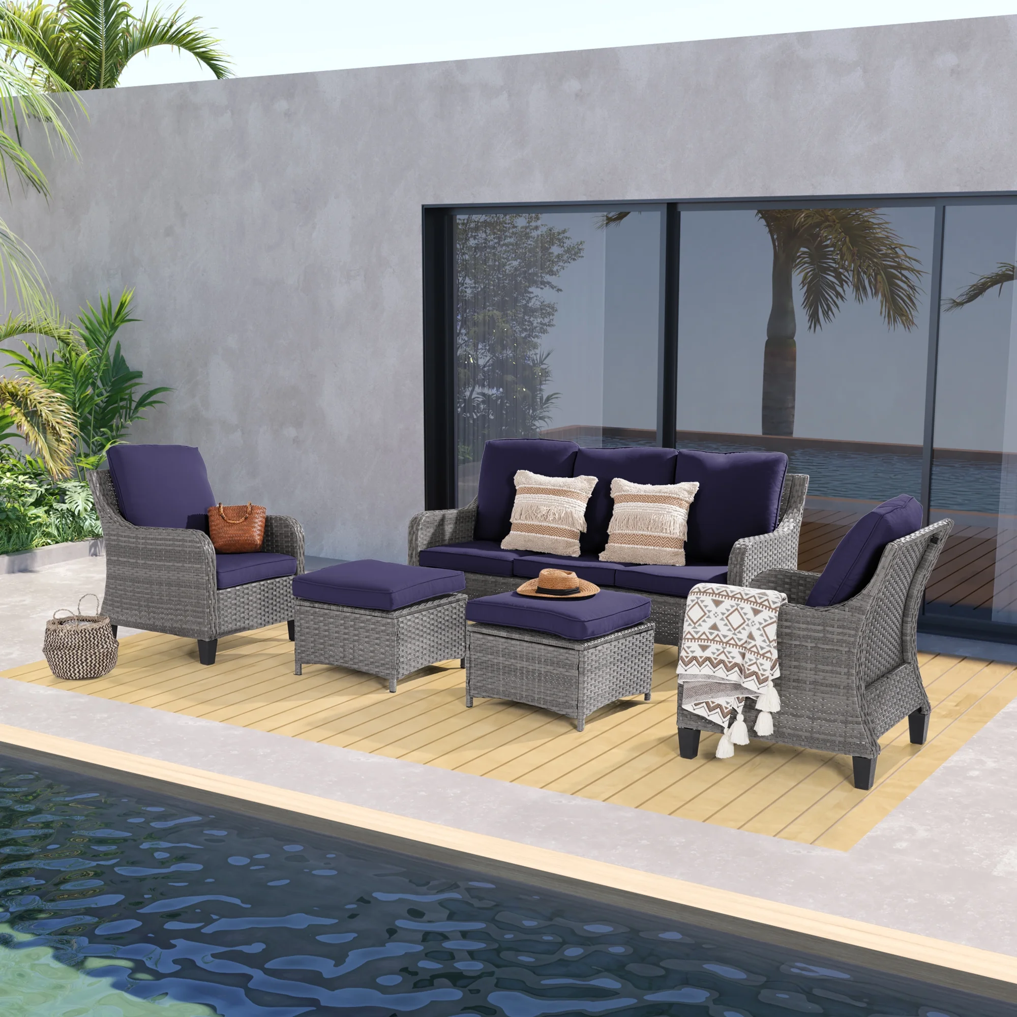 ACEGOSES 5-Piece Patio Sofa Set Gray Rattan Outdoor Furniture Set Three-Seat Sofa Ottomans Suiting Backyard, Poolside and Patio,Navy Blue