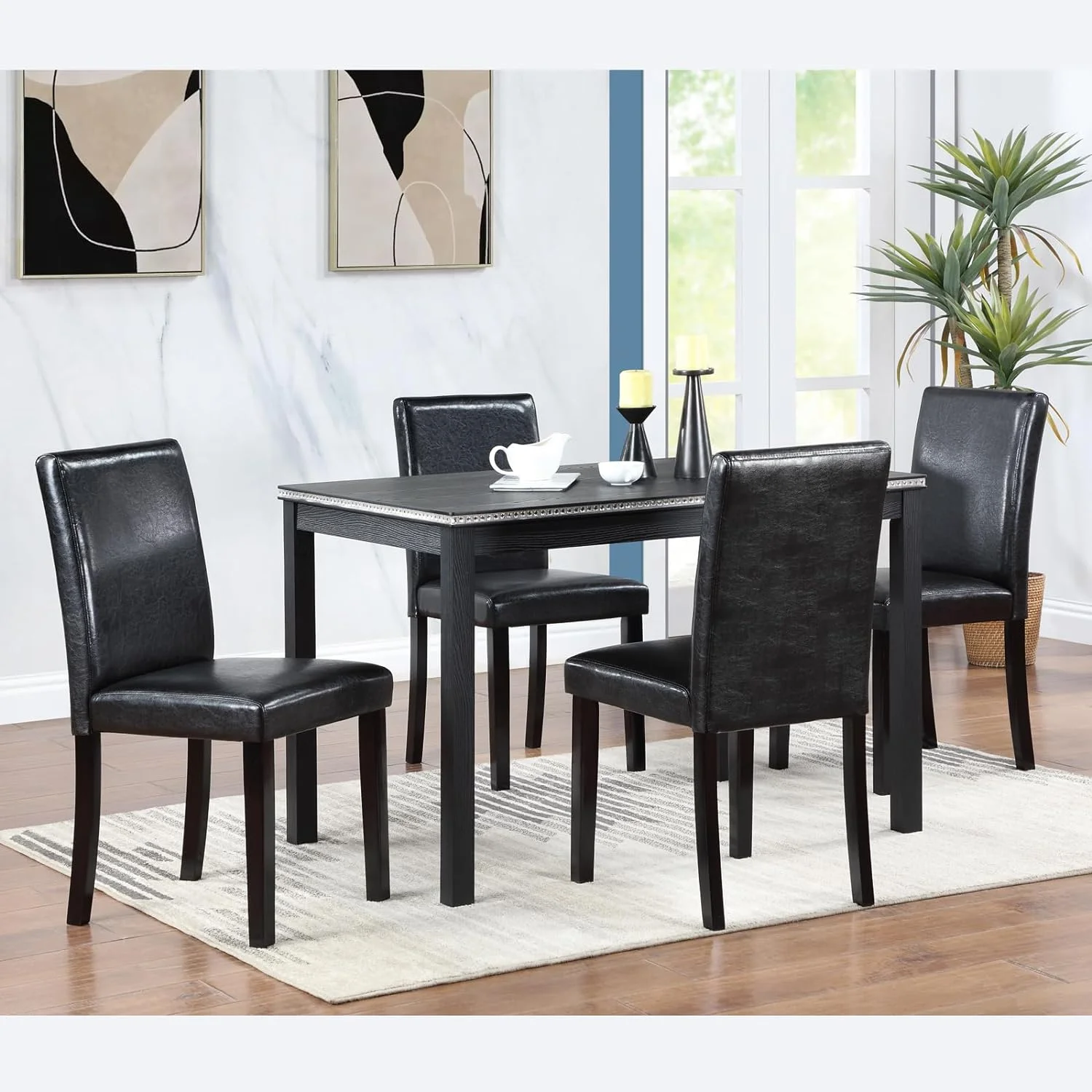 5 Piece Dining Table Set, Kitchen Table Set With Rectangular Table And 4 Upholstered PU Chairs, Wooden Dining Table Set For Small Space, Black