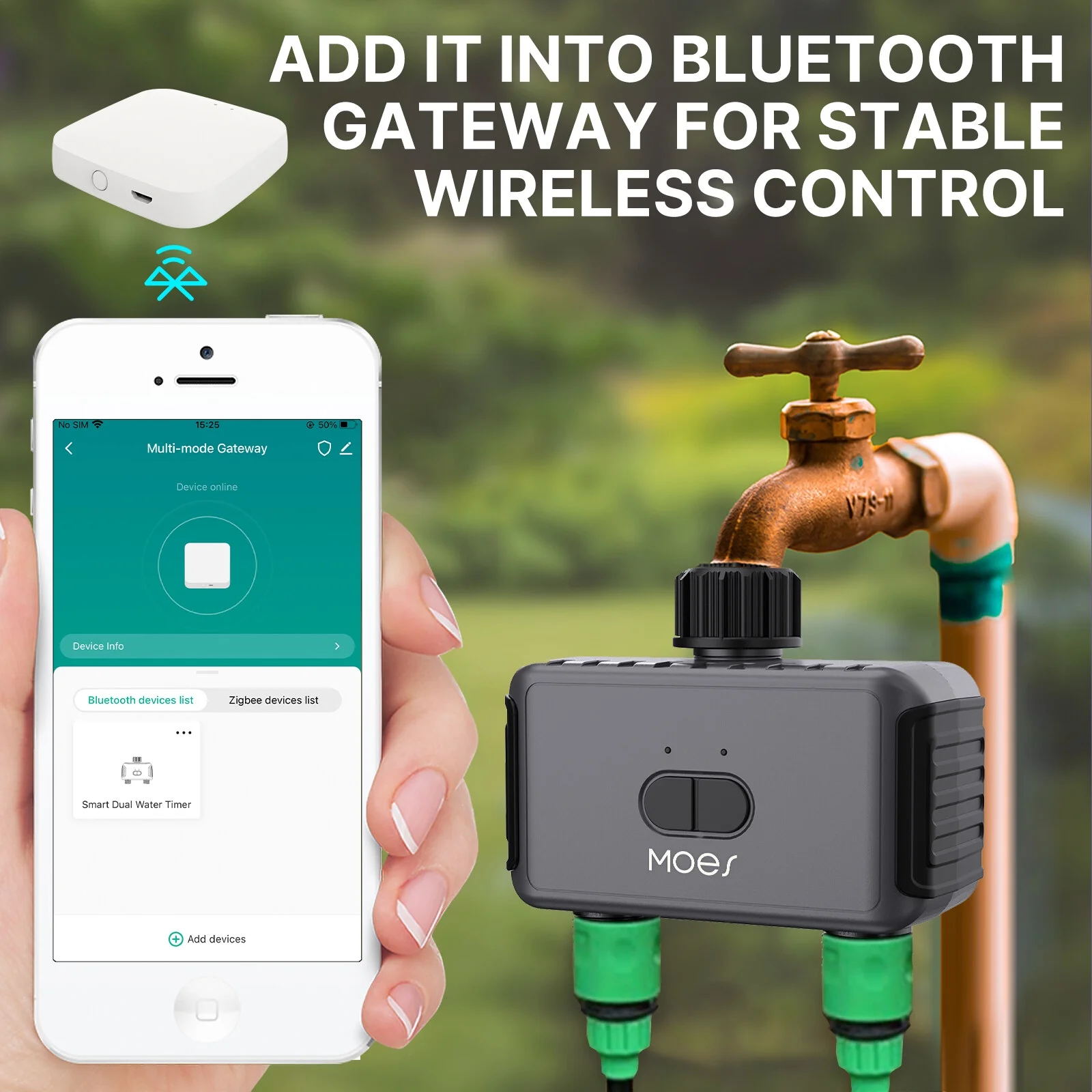 Tuya Bluetooth Irrigation Water Valve Smart Home Garden 2 Way Irrigation Water Valve app Remote Sprinkler Dual Outlet Irrigation Valve Timer Ships Without Battery