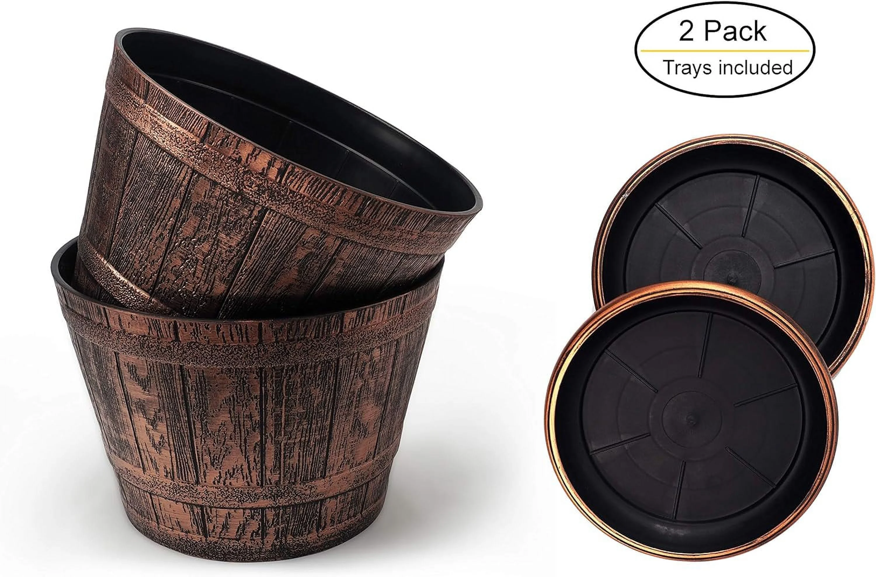 Large Whiskey Barrels Set Of 2 Rustic Look (2 Planters + 2 Matching Saucers) French Country Flowerpot Indoor Outdoor Garden Patio Office Home Decor Use Reusable Light Weight (Copper)