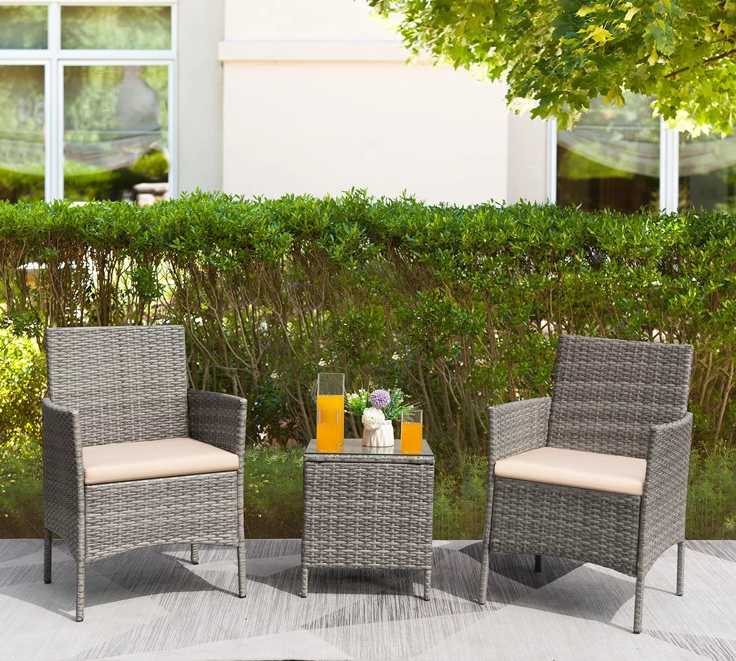 Greesum 3 Pieces Patio Furniture Sets Outdoor PE Rattan Wicker Chairs with Soft Cushion and Glass Coffee Table for Garden Backyard Porch Poolside, Gray and Beige