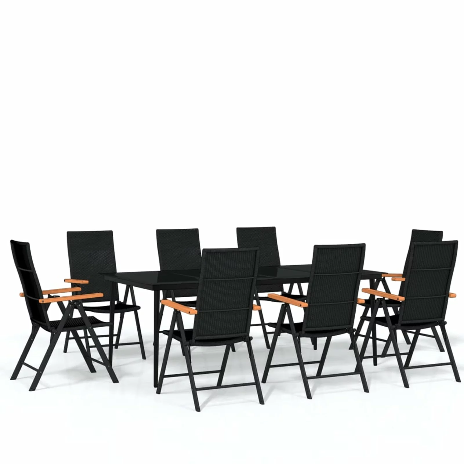 Dcenta 9 Piece  Dining Set Glass Tabletop Table and Backrest Adjustable 8 Garden Chairs PE Rattan Dinner Set for Balcony, Yard, Deck, Lawn, Patio