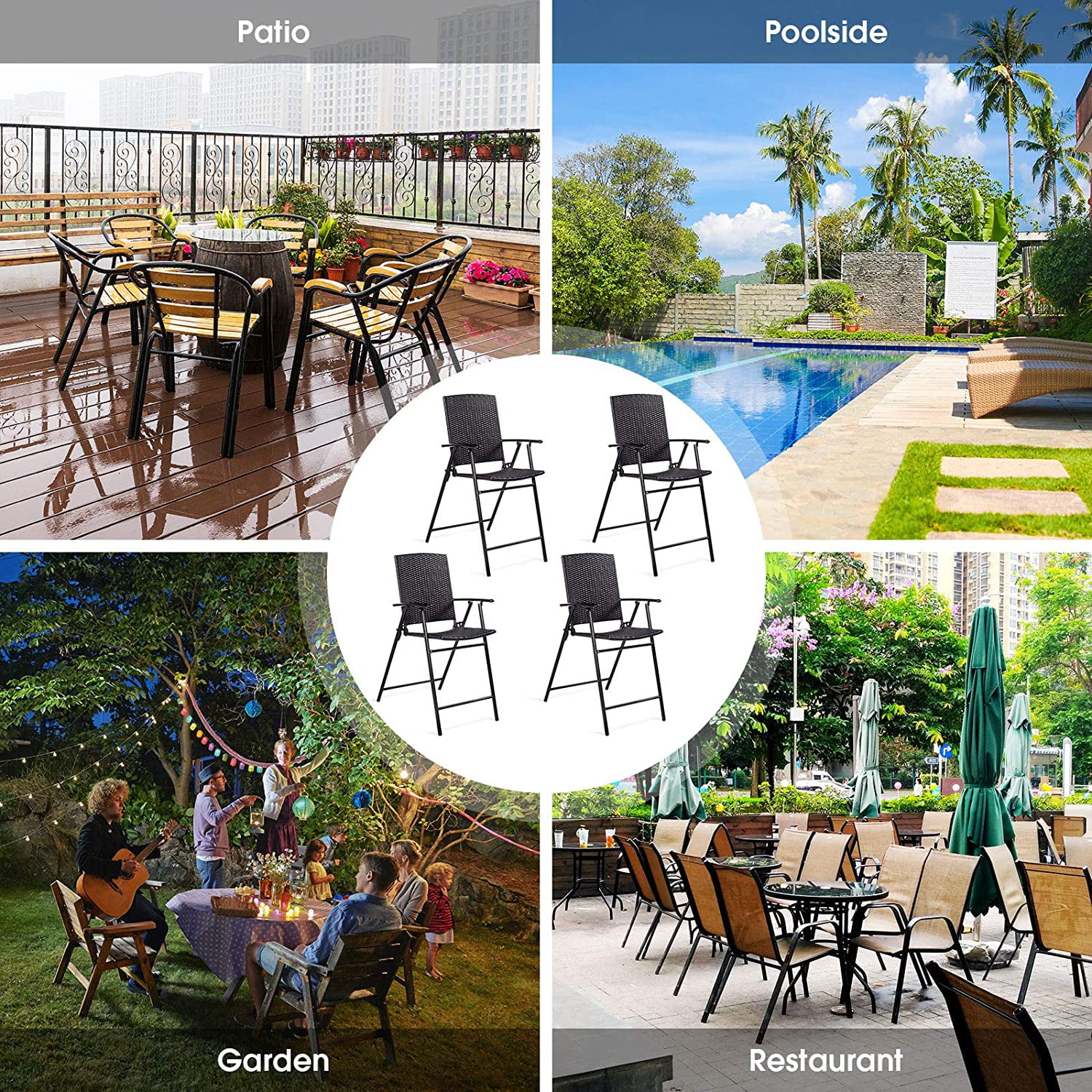 QUGDXVBN Folding Wicker Rattan  Chairs Set of 4 Tall Stool with Back Steel Frame Armrests and Footrest  Stools Garden Patio  Set