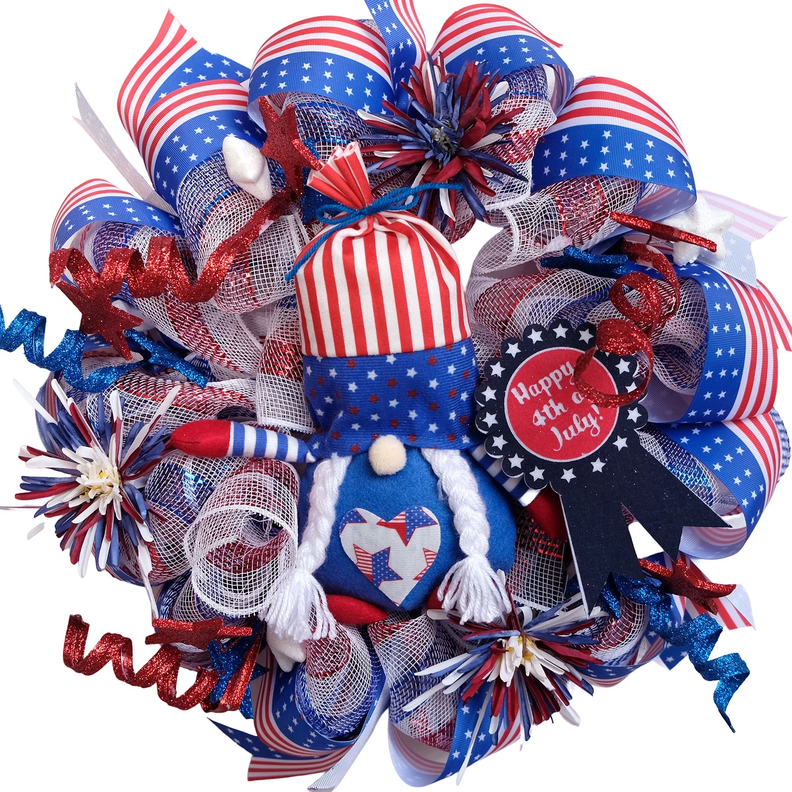 Idyllic 20 Inch Patriotic Deco mesh Wreath, 4th of July Summer Floral mesh Wreath for The Front Door, Memorial Day mesh Gnome Plush Wreath for Indoor and Outdoor
