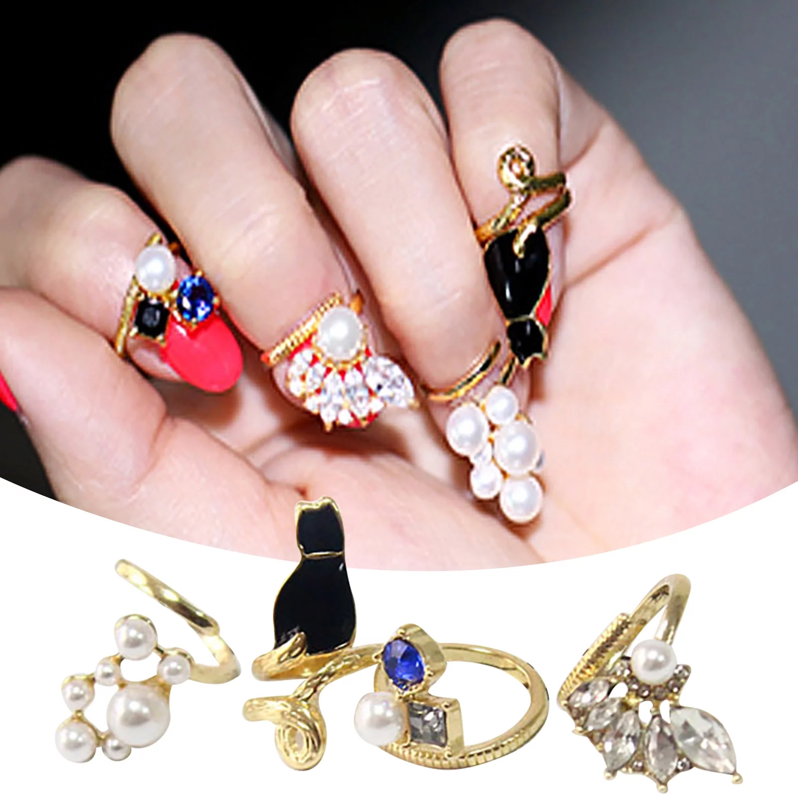 XZZjjl Rings For Women Sterling Silver Pack 4 Picecs Set Of Nails Decorated Ring Personality Pearl Tail Ring Fashion Accessories