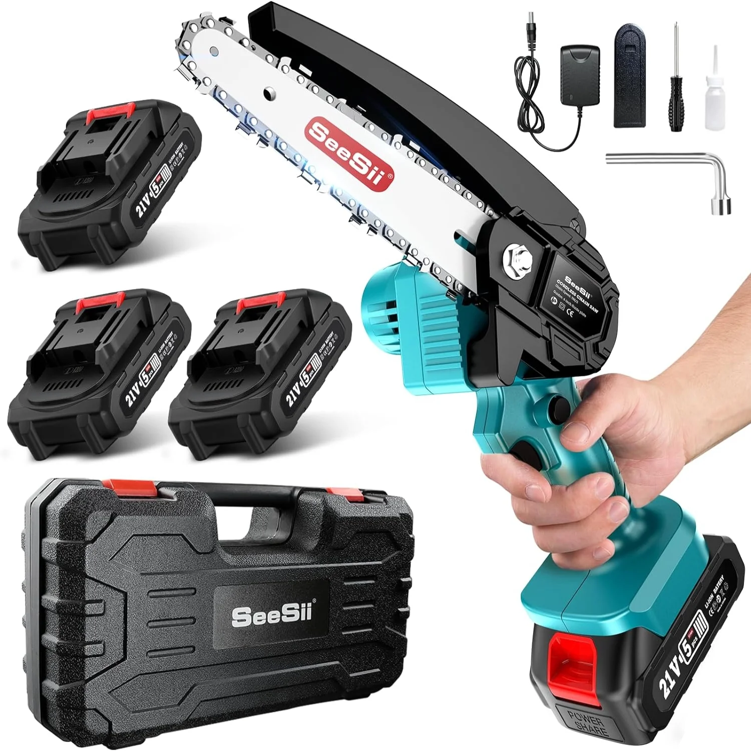 Seesii Mini Chainsaw 6-inch w/3x Big Batteries  Battery Chainsaw 2.62lbs  Mini Chainsaw Cordless Tool Set w/Case  Handheld Electric Power Chain Saw with Safety Lock for Tree Trimming Wood