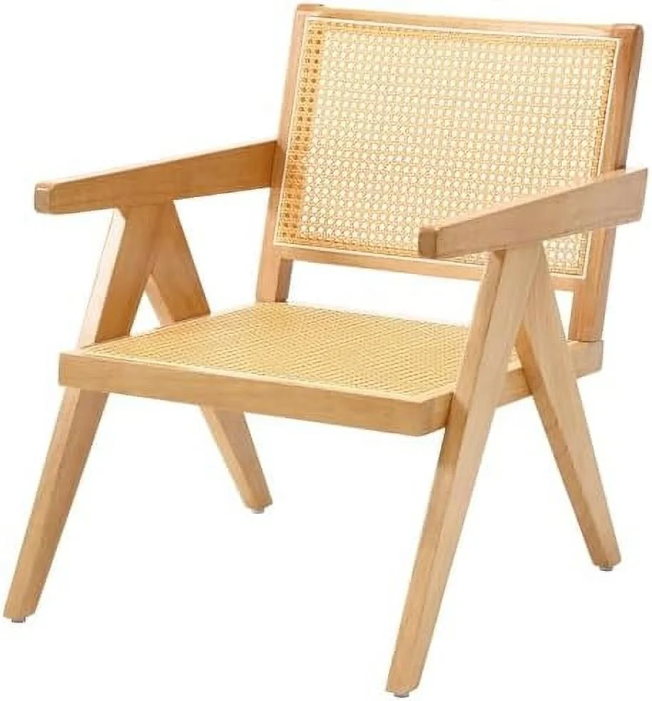 MJGXCBO Rattan Accent Chairs   Wooden Comfy Living Room Chairs with Woven Backrest & Seat  Solid Leisure Armchair  Mid-Century  Cane Lounge Chairs for Bedroom  Patio  Balcony  Black