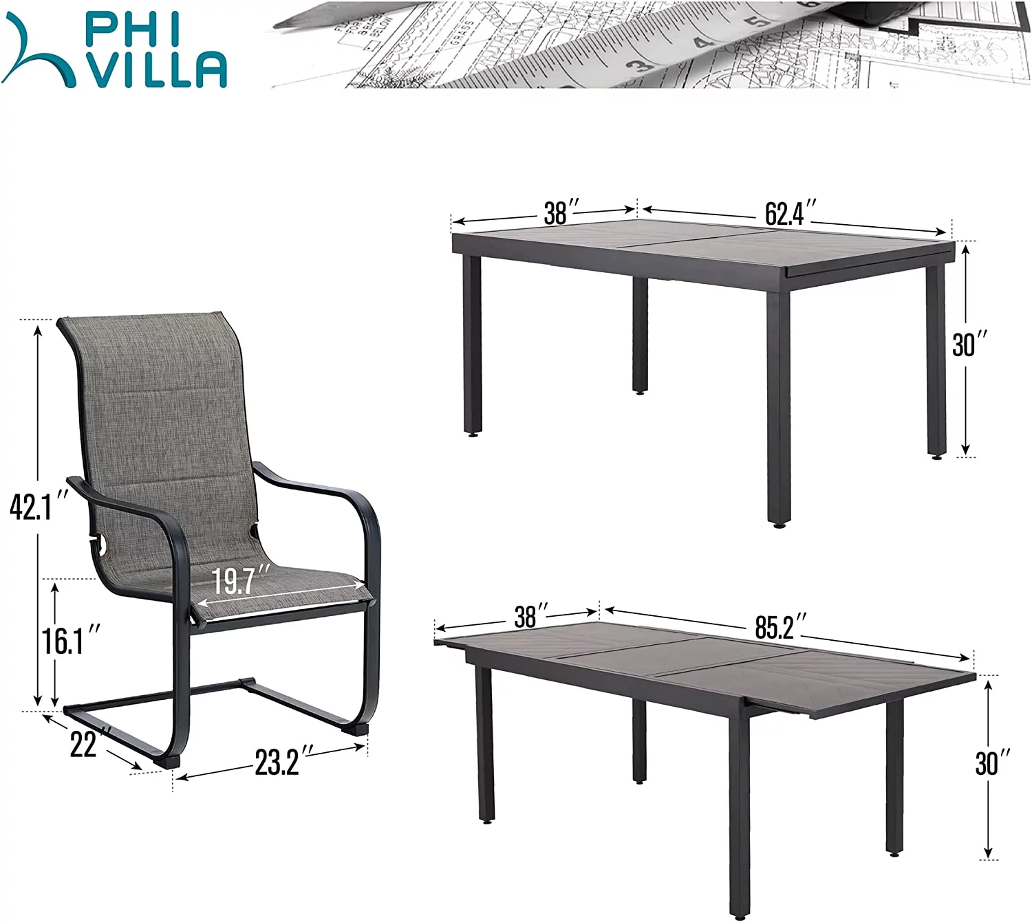 VILLA 7 PCS Outdoor Dining Table and Chairs 6 Spring Chairs with Higher Back and Wood-Like Table Top Dining Table Waterproof Rustproof for Garden  Yard