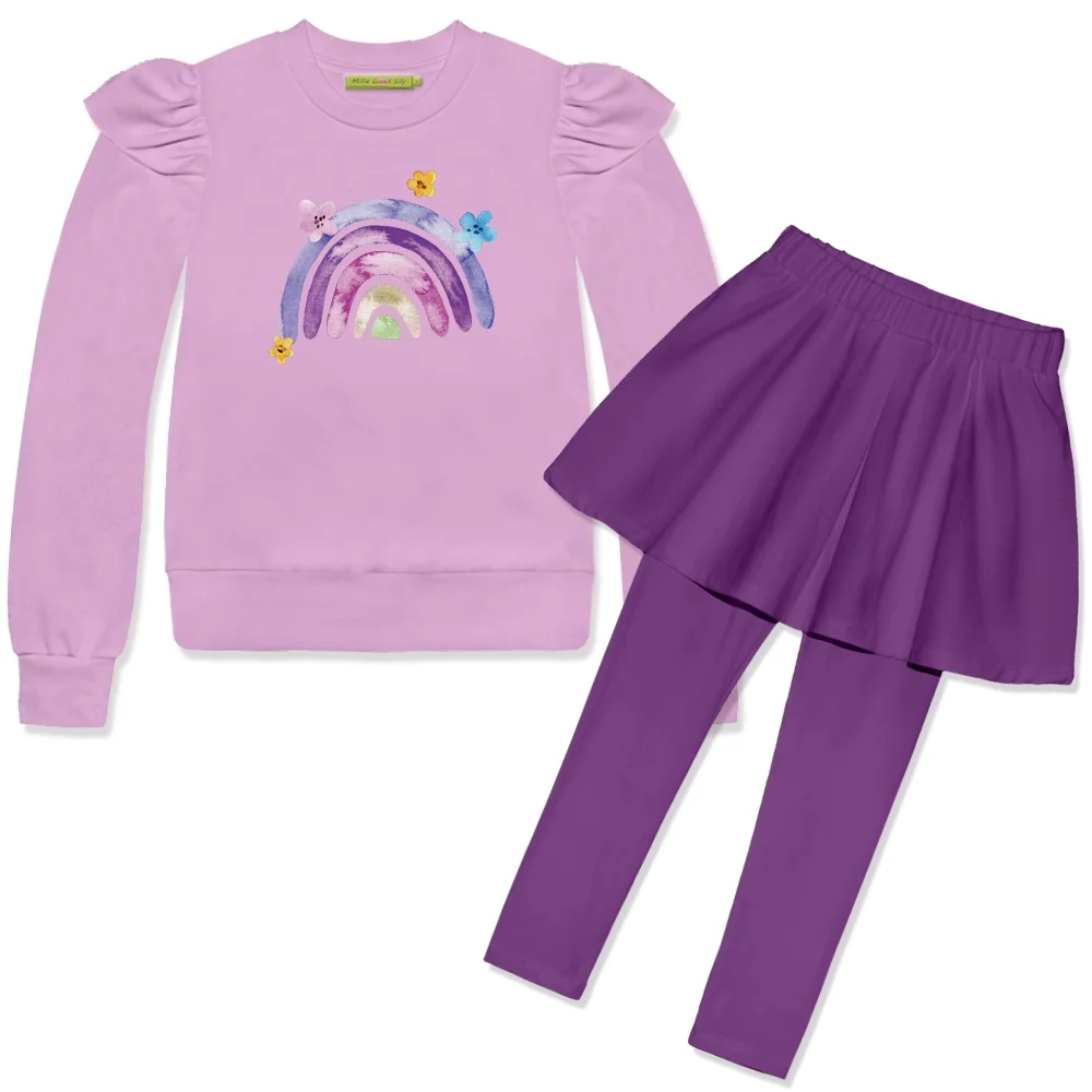 Lilac Darling Rainbow Fr Terry Sweatshirt & Dark Purple Skirted Leggings