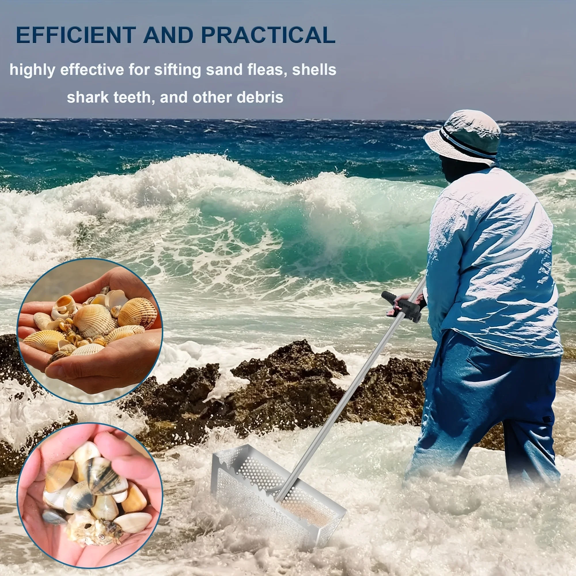 [Beach Prospector] 1pc, Discover Beach Combing Companion Stainless Steel Shark Tooth Sifter With Collapsible Design Anti Rust Metal Spade For Digging