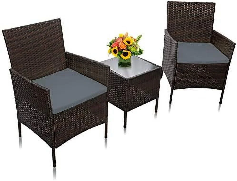 xrboomlife 3 Pieces Outdoor  Set Patio PE Wicker Rattan Chairs and Table Sofa Set  Cushioned Seats Conversation Sets (Brown&Beige)