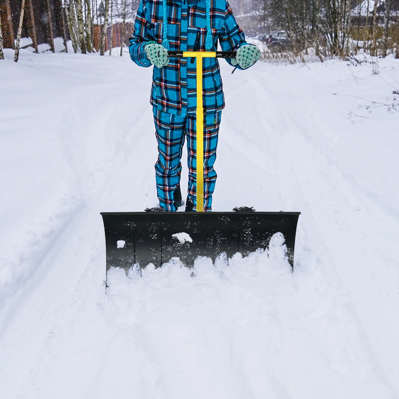 Adjustable Human-Powered Snow Plow - 74cm x 47cm - Durable Iron Construction - Easy Snow Clearance - Yellow and Black Design