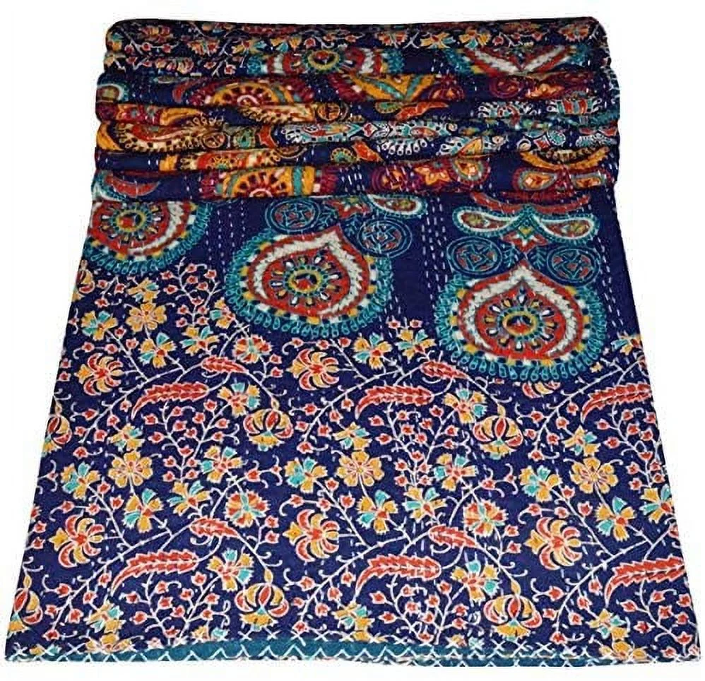 Indian Hand Block Print Kantha Quilt Twin Size Quilt Kantha Throw Blanket Cotton Bedspread Boho Quilt Vintage Gudari Kantha Quilts