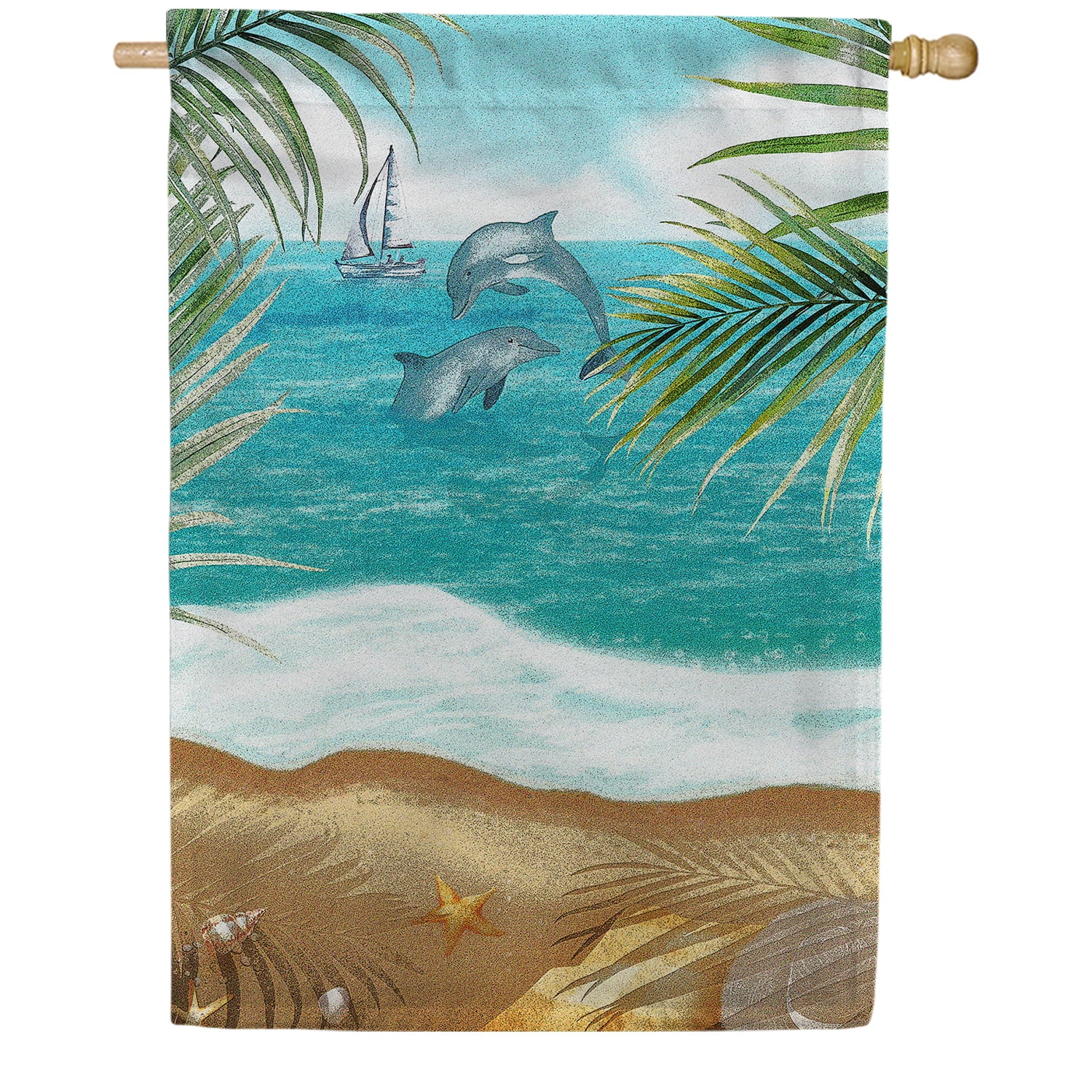 America Forever Tropical Dolphin Beach House Flag 28 x 40 inches Double Sided Summer Coastal Blue Ocean Sea Nautical Palm Tree Yard Outdoor Decorative Diving Dolphins Flag