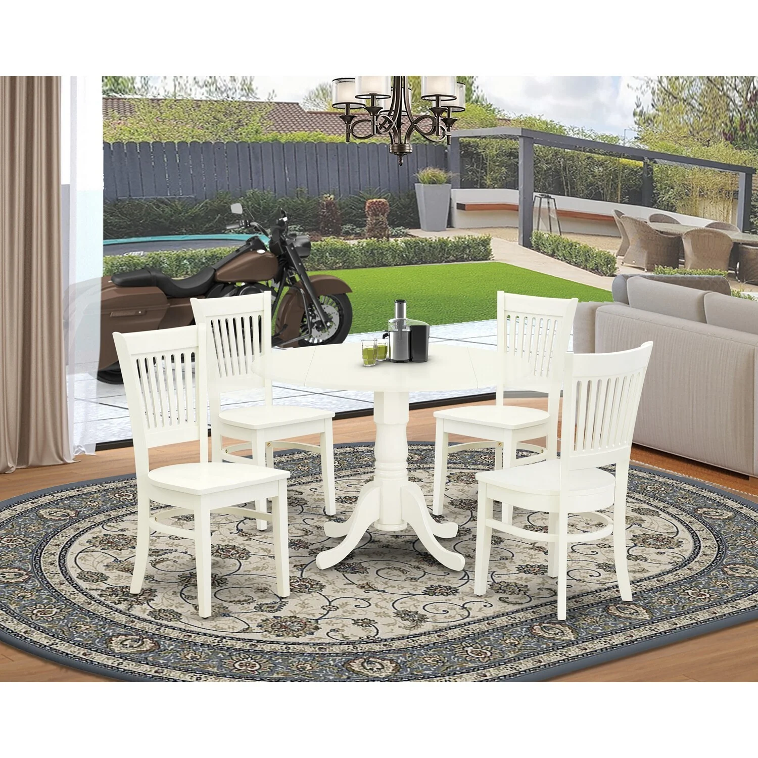 HomeStock Bohemian Bliss 5Pc Dinette Room Set 4 Dining Room Chairs With Wooden Seat And Slatted Chair Back Drop Leaves Dining Table Linen White Finish