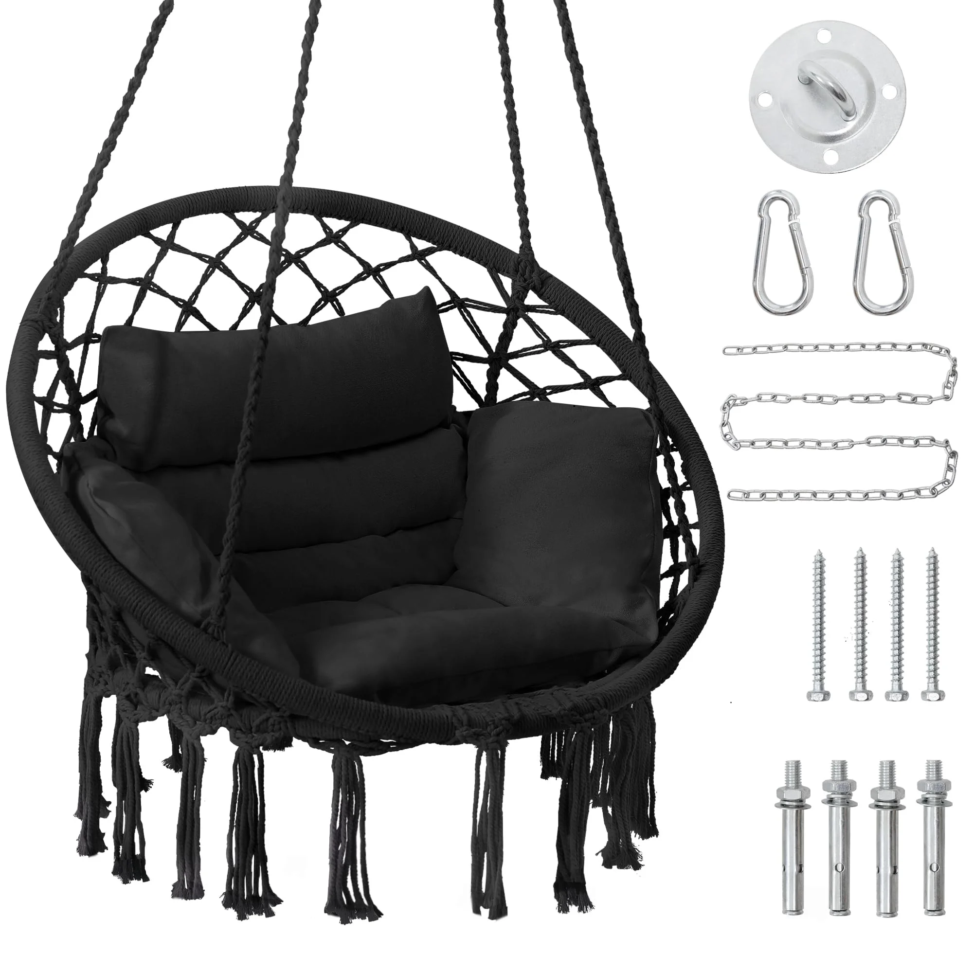 Reyletex Macrame Hammock Hanging Swinging Chair with Medium Cushion, Perfect for Bedroom, Porch, Adults, Balcony, Black