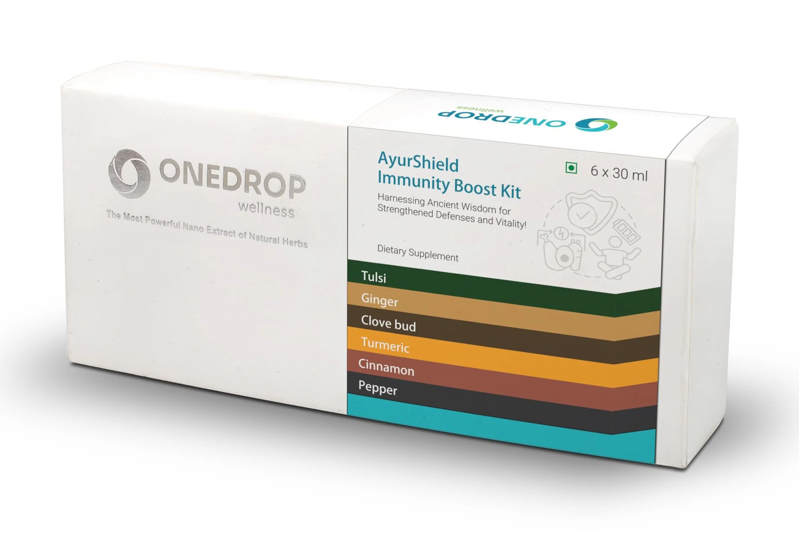 Durmeric Onedrop Wellness Immunity Kit With 6 Individual Herbal Drops Of Tulsi, Turmeric, Ginger, Cinnamon, Pepper And Clove | Use With Water, Tea, Milk, Juice Or Any Food | 30Ml E