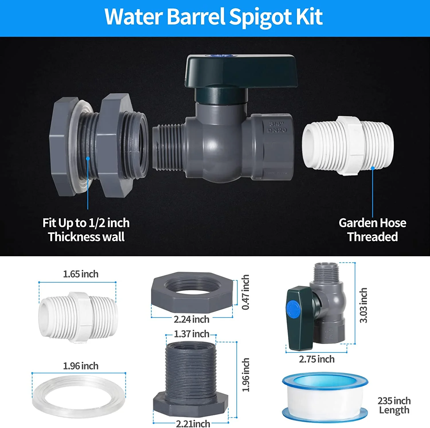 Rain Barrel Spout Kit, Bucket PVC Garden Diverter Kit with Bulkhead Fitting, Hose Faucet Adapter and Threaded Sealing Tape