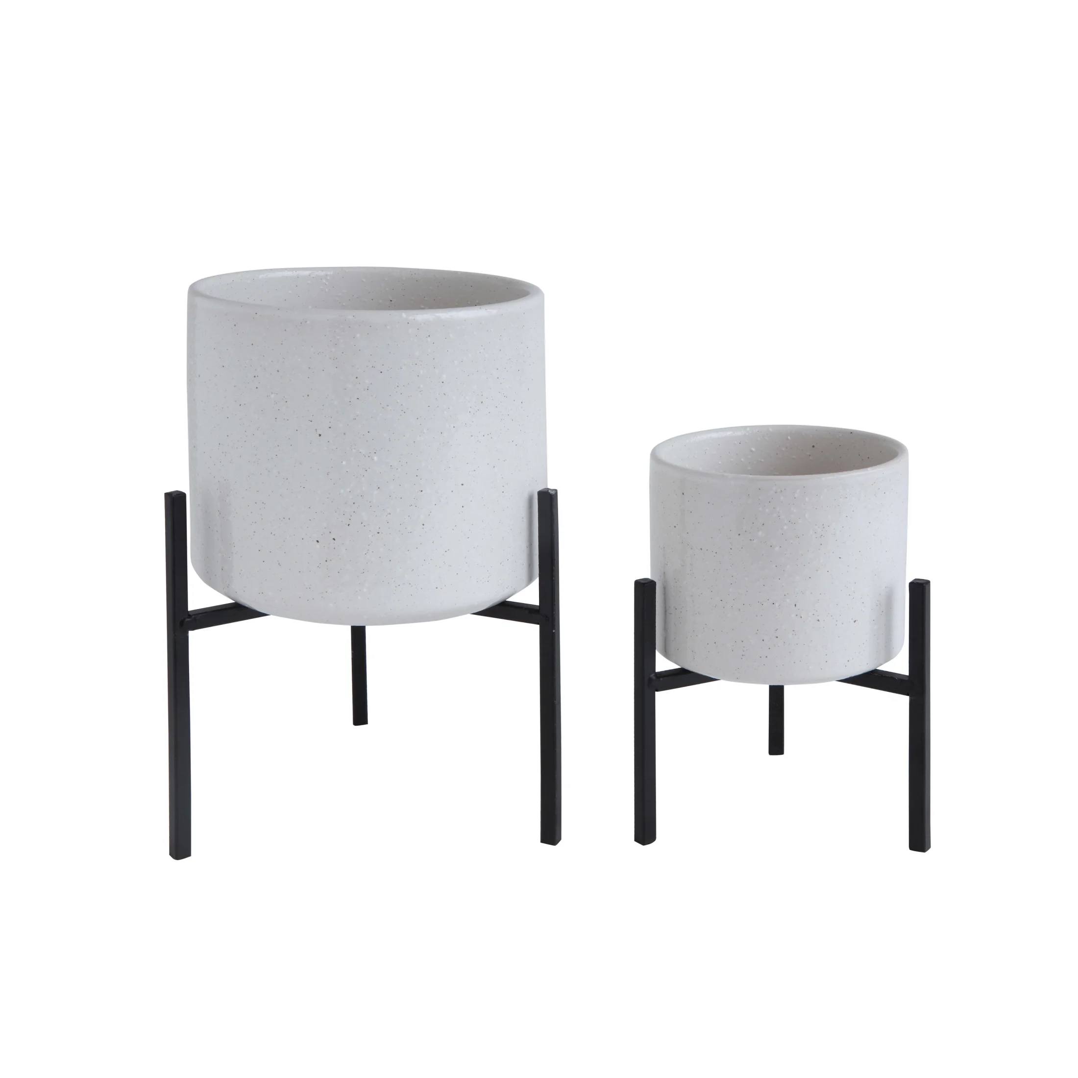 Bloomingville Small White Stoneware Flower Pot with Black Metal Stand