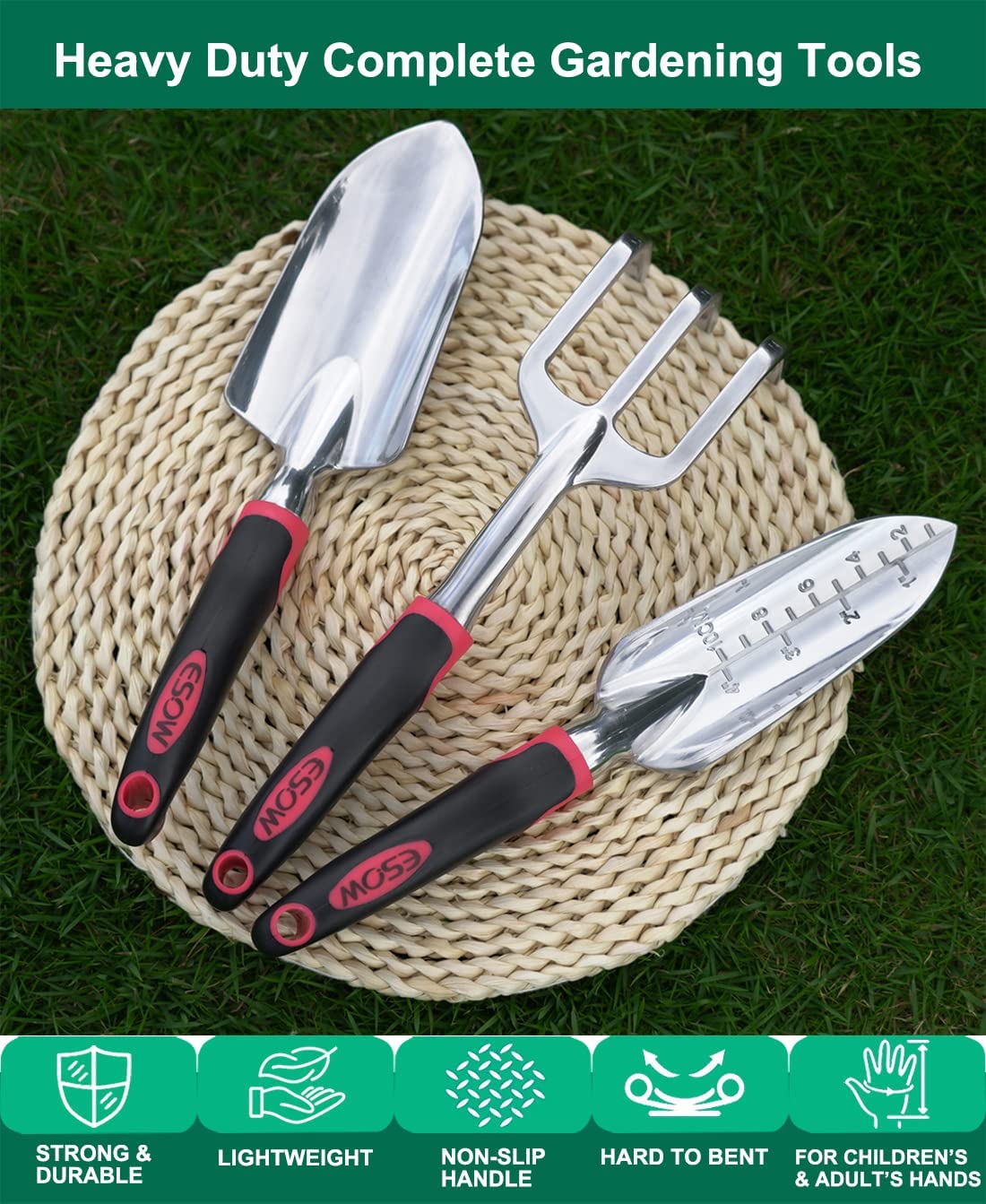z Garden Tool Set with Non-Slip Rubber Handle  3 Piece Cast-Aluminum Heavy Duty Gardening Kit Includes Hand Trowel  Transplant Trowel and Cultivator Hand Rake  Red