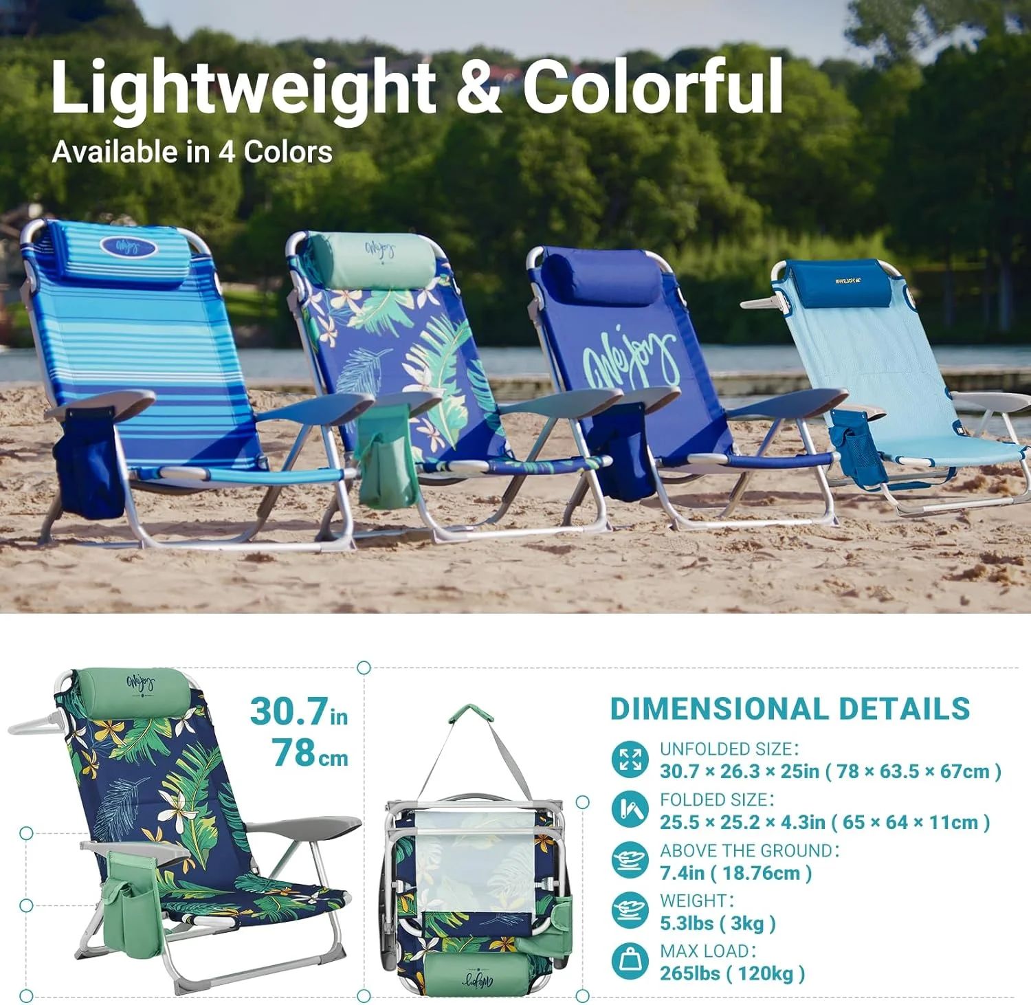#WEJOY Folding Beach Chair for Adults, 4-Position Lightweight Beach Chair, Low Beach Chairs with Shoulder Strap, Cup Holder and Headrest, Supports 265lbs for Beach Lawn (Rainforest 2Pack)