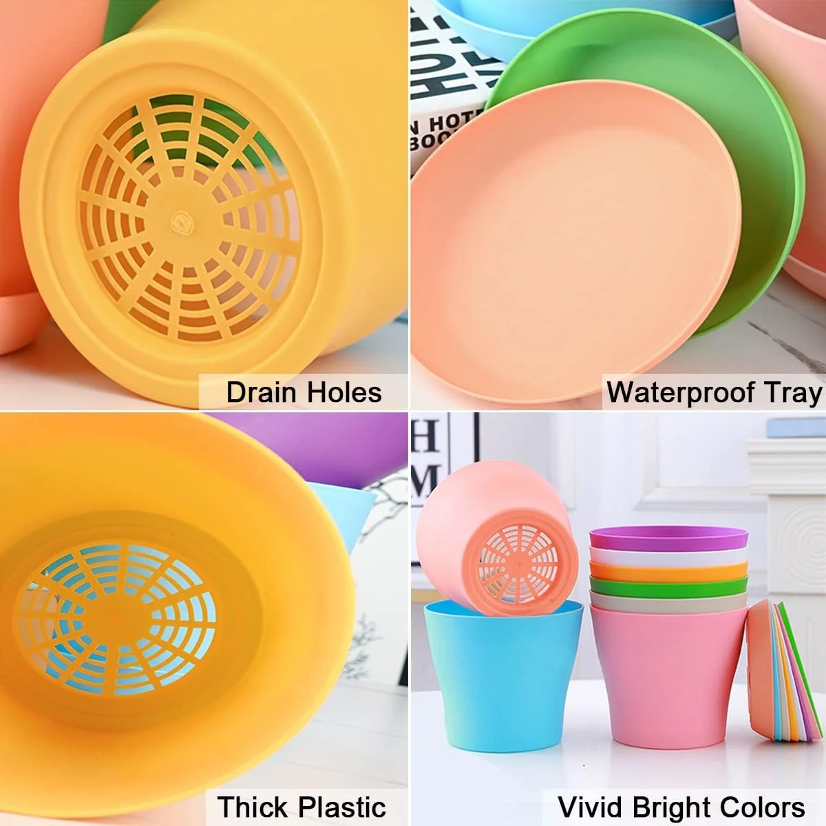 4 Inch Plant Pots, 8 Pack Small Plastic Planters with Drainage Holes and Saucers,Colorful Plastic Flower Pots for Flowers Plants, Succulents,Cactus, Seed Starting Pots, Colorful