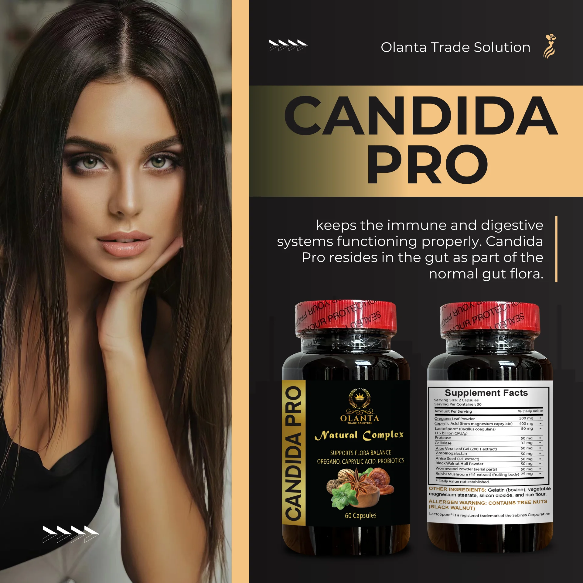 CANDIDA PRO - Probiotics, Wormwood, Aloe Vera, Arabinogalactan, Oregano Leaf Powder, Caprylic Acid, Protease, digestive cleanse - 1 Bottle