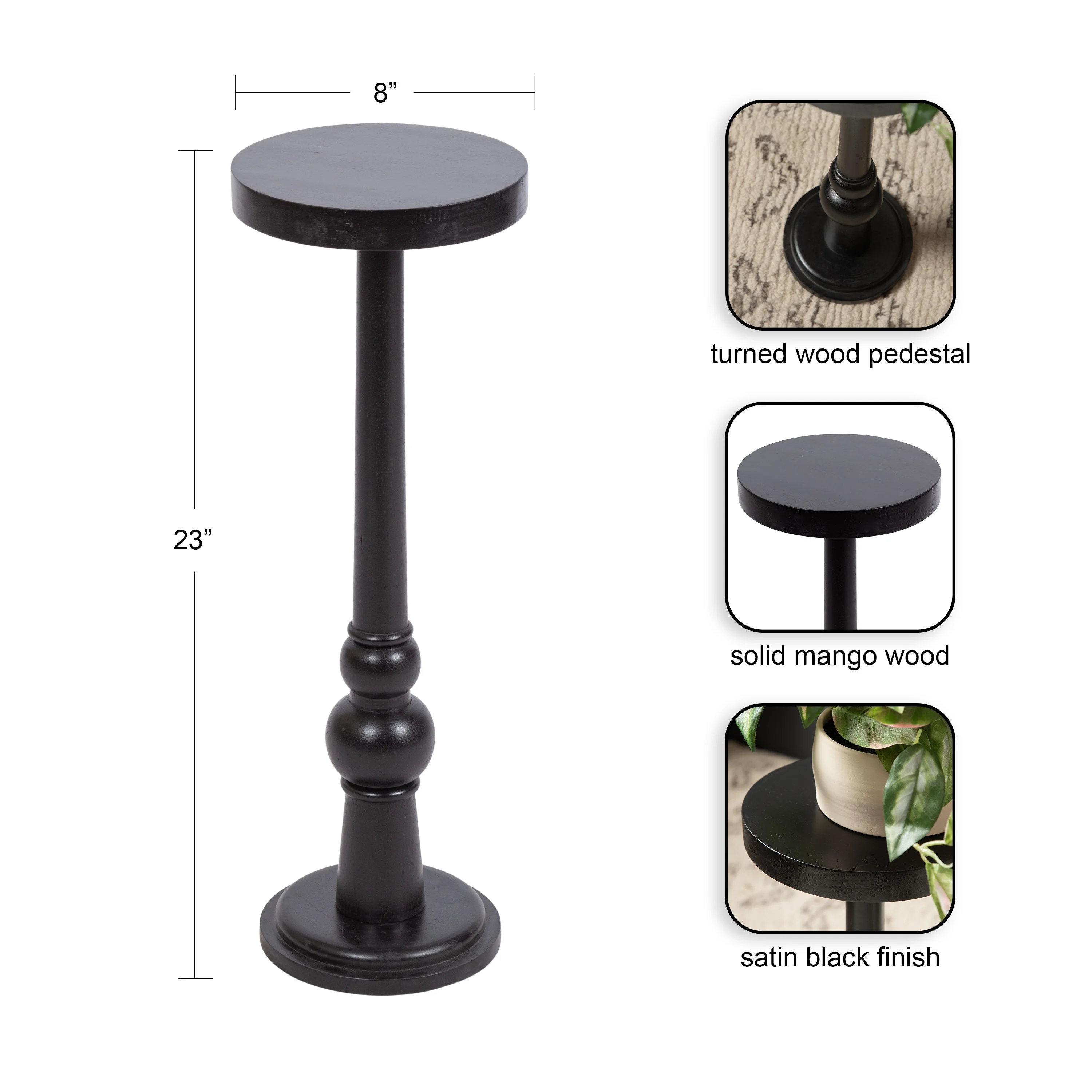 Kate and Laurel Wegner Traditional Wooden Round Drink Table, 8 x 23, Black, Elegant and Durable Pedestal Table for Use as Small Drink Table, Plant Stand, or Decorative Item Display