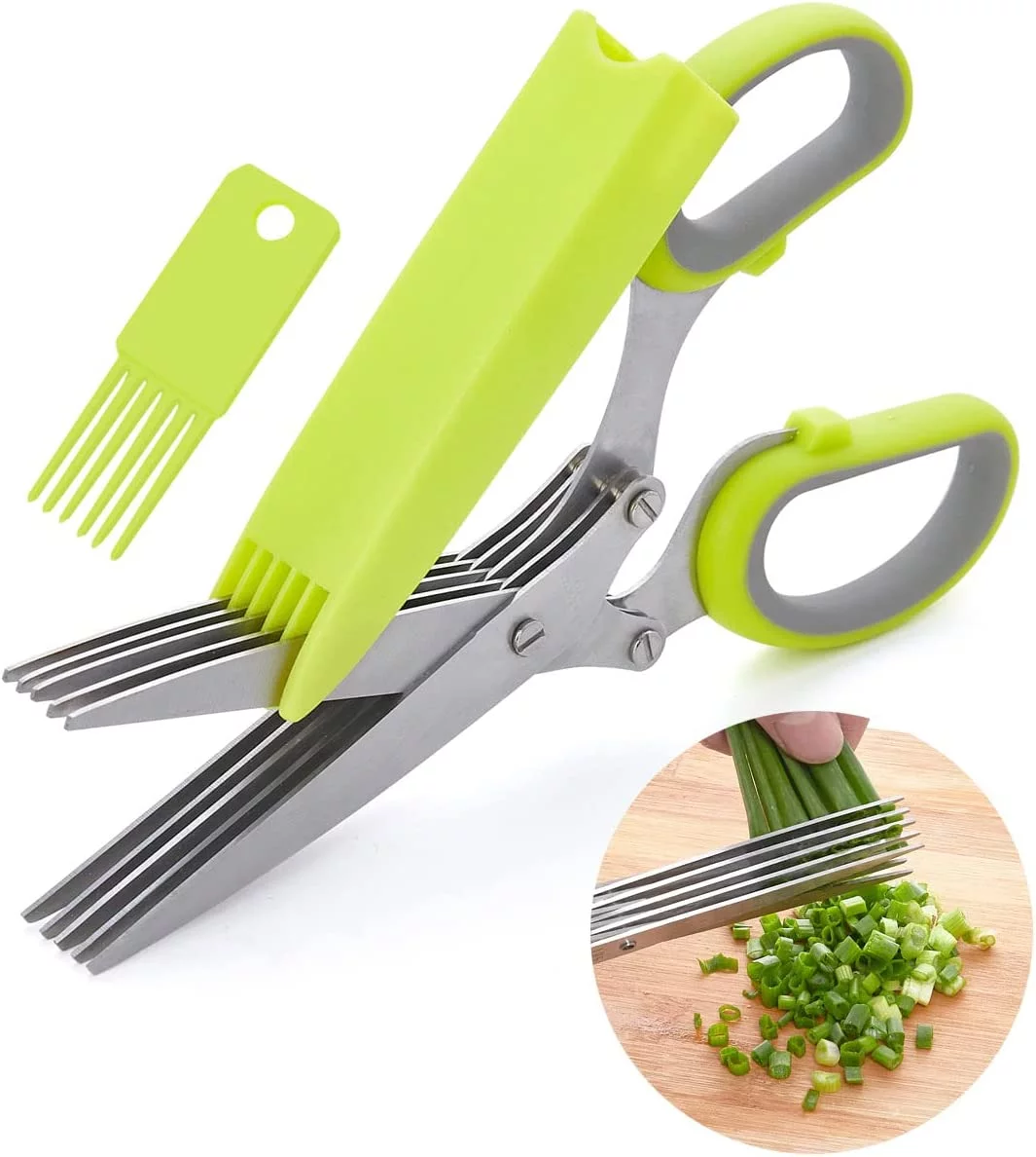 Herb Scissors with 5 Multi Stainless Steel Blades Kitchen Gadgets Cutter Safe Kitchen Gadget-Green