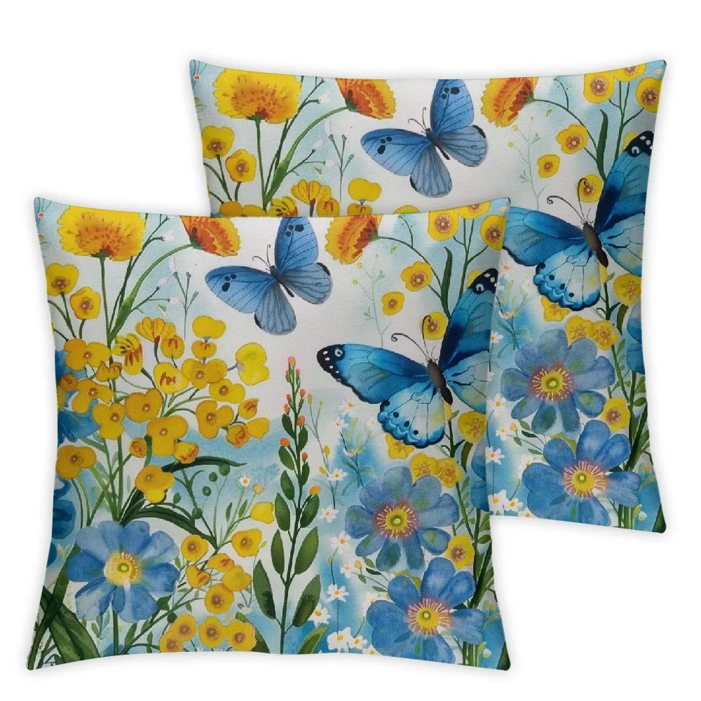 Blue and Yellow Flowers Throw Pillow Cover Floral Butterfly Nature Watercolor Cute Blue Velvet Soft Patterned Washable Fluffy Decor Set of 2 Bed Outdoor Couch Living Room Pillow Cases