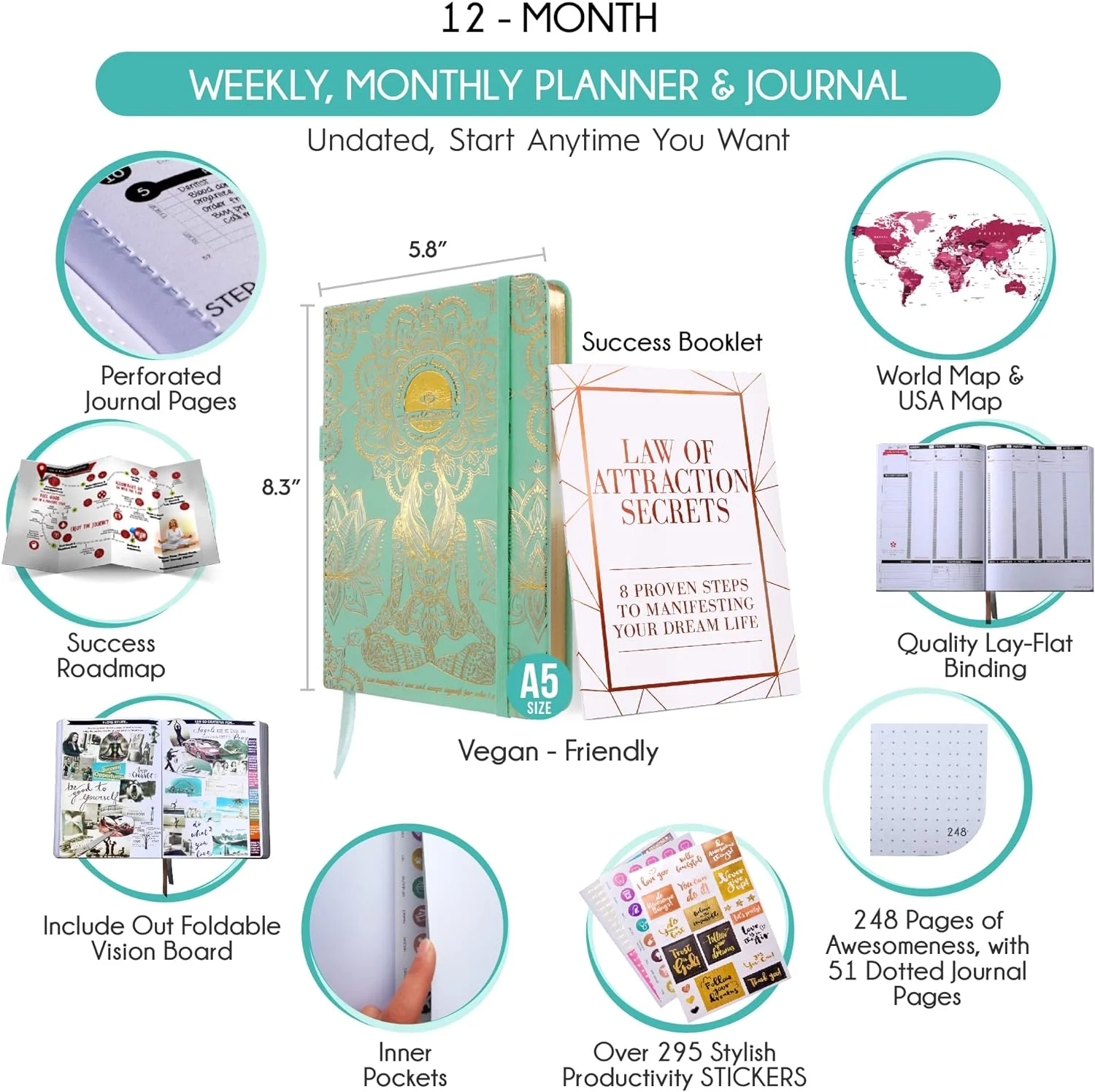 Law of Attraction Planner - Undated Deluxe Weekly, Monthly Planner, a 12 Month Journey to Increase Productivity & Happiness - Life Organizer, Gratitude Journal, and Stickers, A5