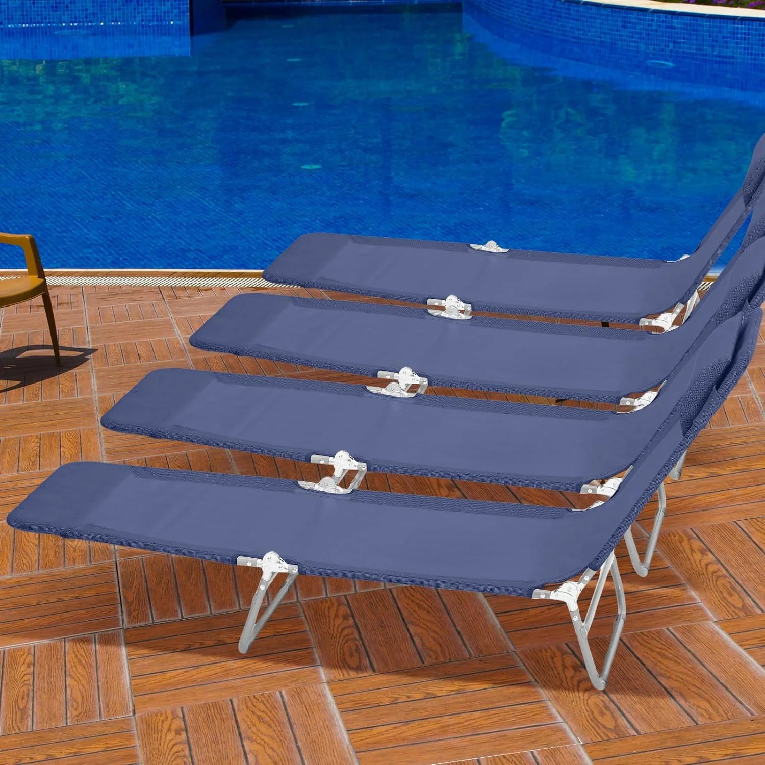 4 Pack Folding Chaise Lounge Chair Tanning Chairs with Adjustable 5 Position and Pillow Waterproof Breathable Mesh Steel Frame Pool Sun Tanning Chair for Beach Yard Patio Lawn