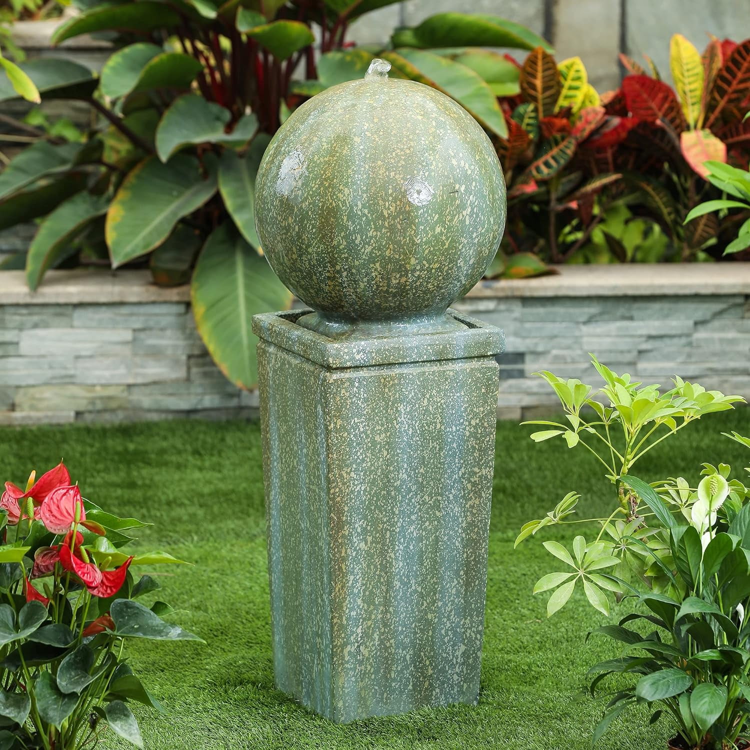 Cement Outdoor Fountain, Sphere Water Fountain, Pedestal Bubbler Waterfall Fountain for Garden Backyard Courtyard