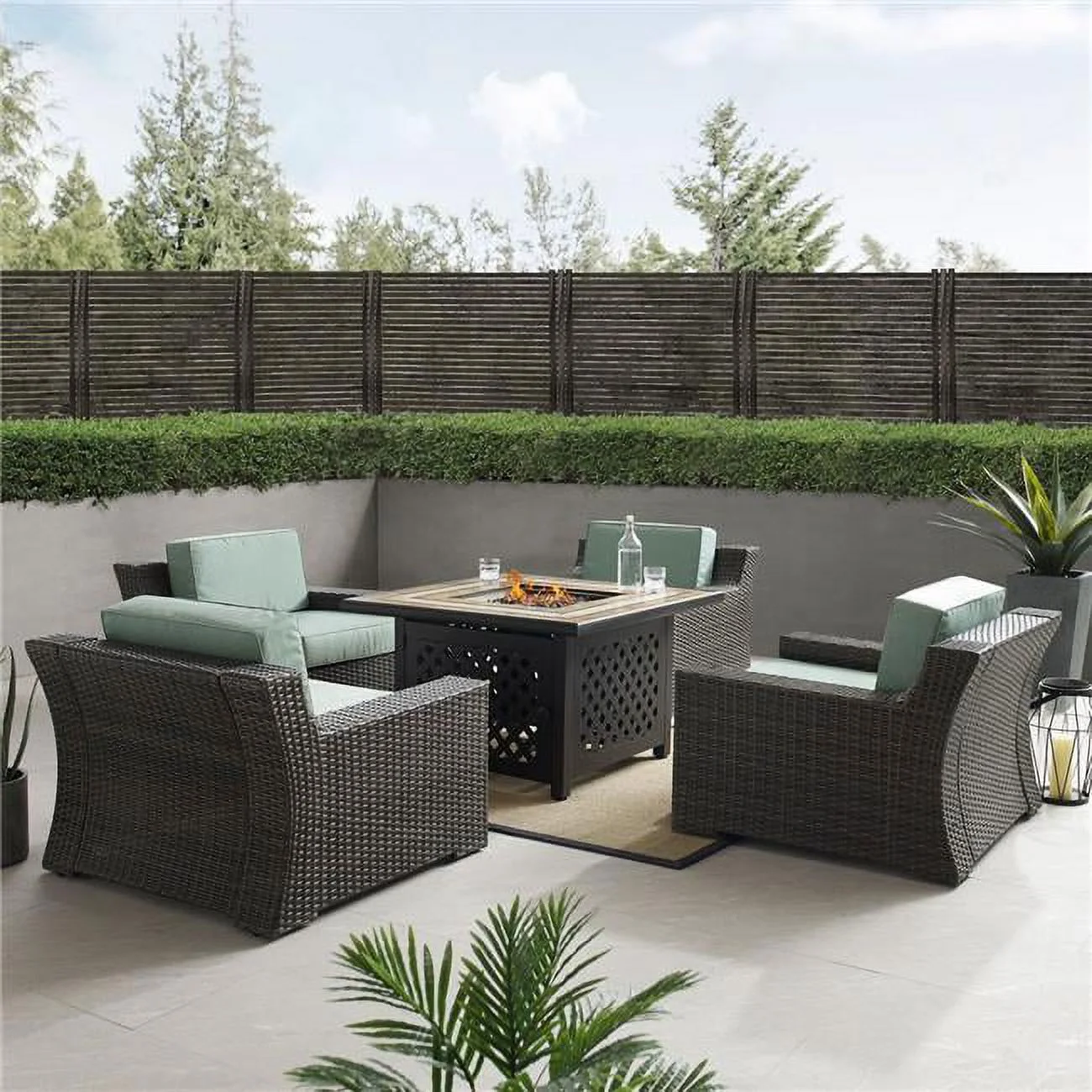 Outdoor Wicker Chair Set with Fire Table, Mist & Brown - Fire Table & 4 Chairs - 5 Piece