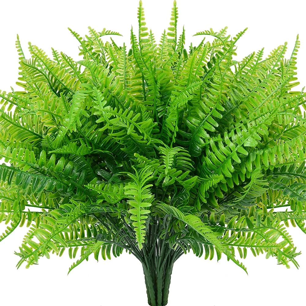 8 bundles Artificial Boston Fern for Outdoors, Fake Plants Greenery Outdoor UV Resistant Bushes Plastic Plants Shrubs for Window Box Front Porch Garden Decor
