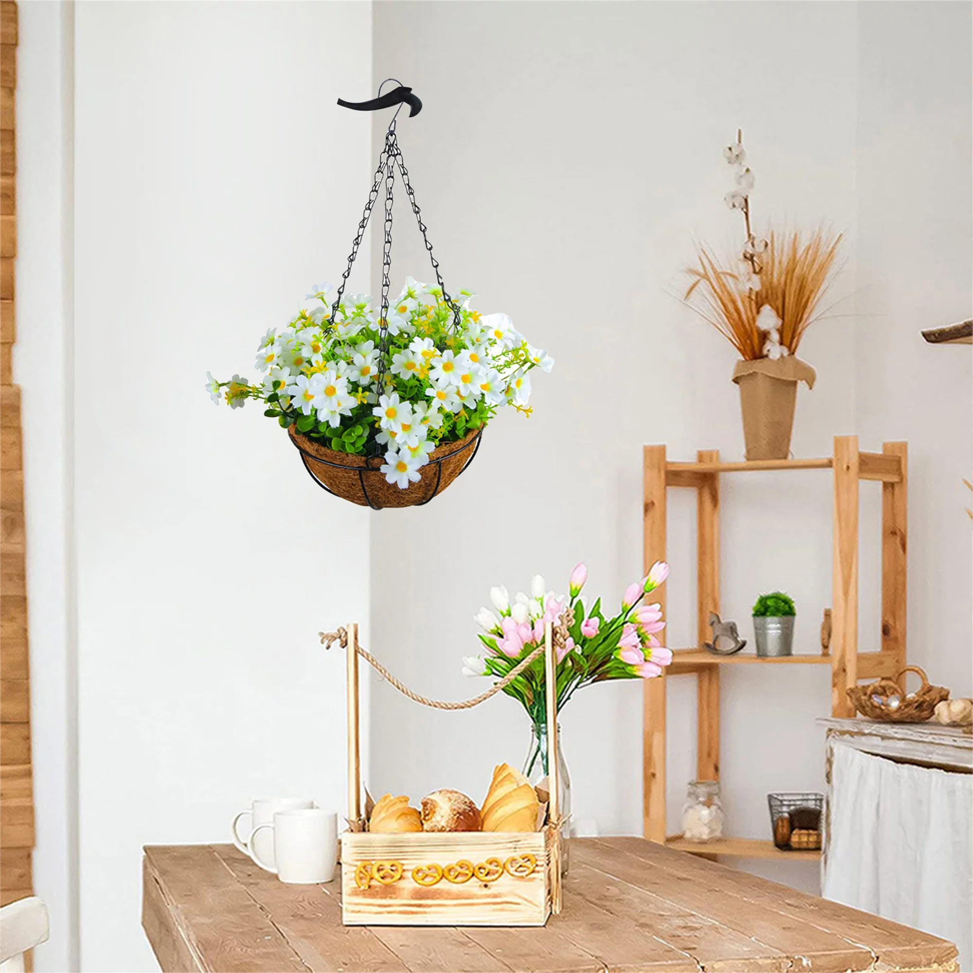 Artificial Hanging Flowers in Basket Fake Silk Flowers in Basket
