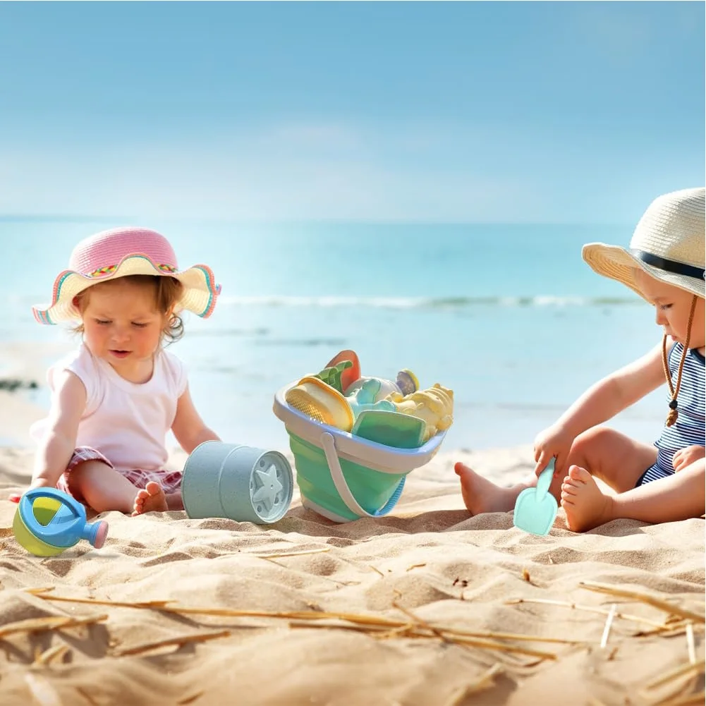 Beach Sand Toys Set for Kids - Collapsible Sand Bucket and Shovels Sand Rake Toy 11Pcs Set, Sandbox Sandcastle Travel Cute Animal Kit, Sandbox Toy for Toddlers Ages 3+