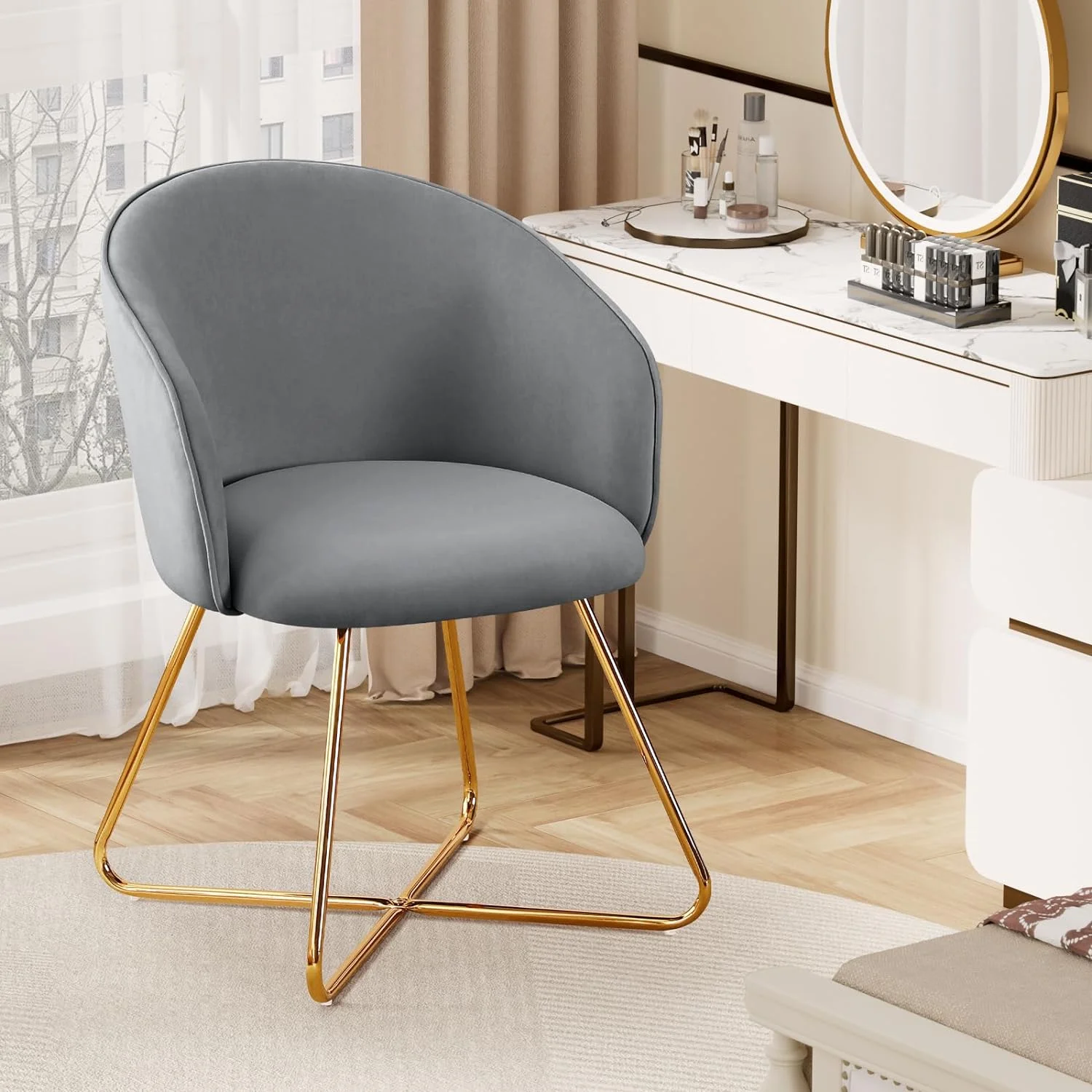 YPNLZQ Velvet Vanity Chair Modern Comfy Lounge Upholstered Barrel Chair  Room Bedroom Dining Room Office 1pcs (Pink)