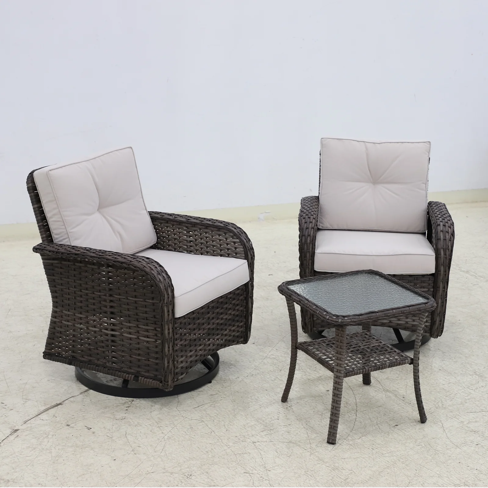 COOS BAY 3 Pieces Wicker Patio Conversation Set 360° Swivel Rocking Chairs with Gray Cushions and Glass Top Side Table for Backyard